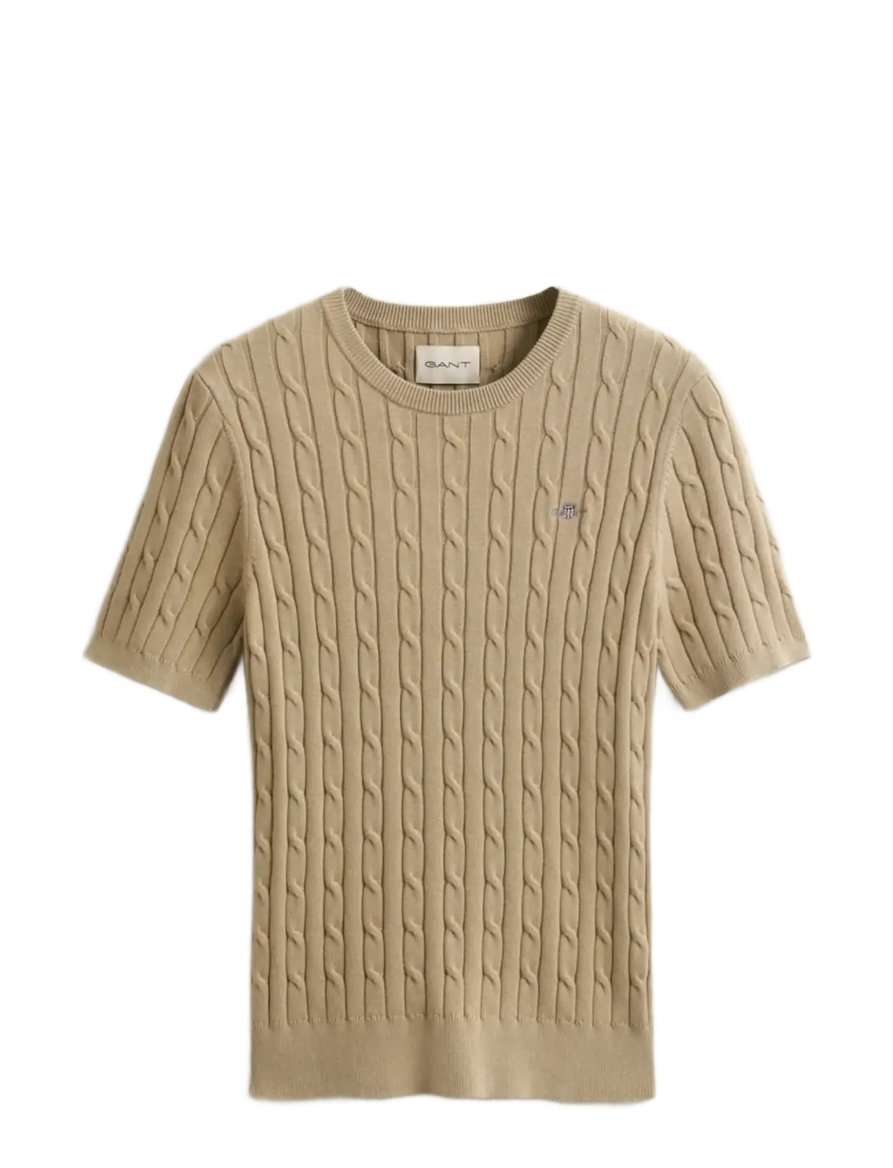 STRETCH COTTON CABLE SS C-NECK - OAT BEIGE