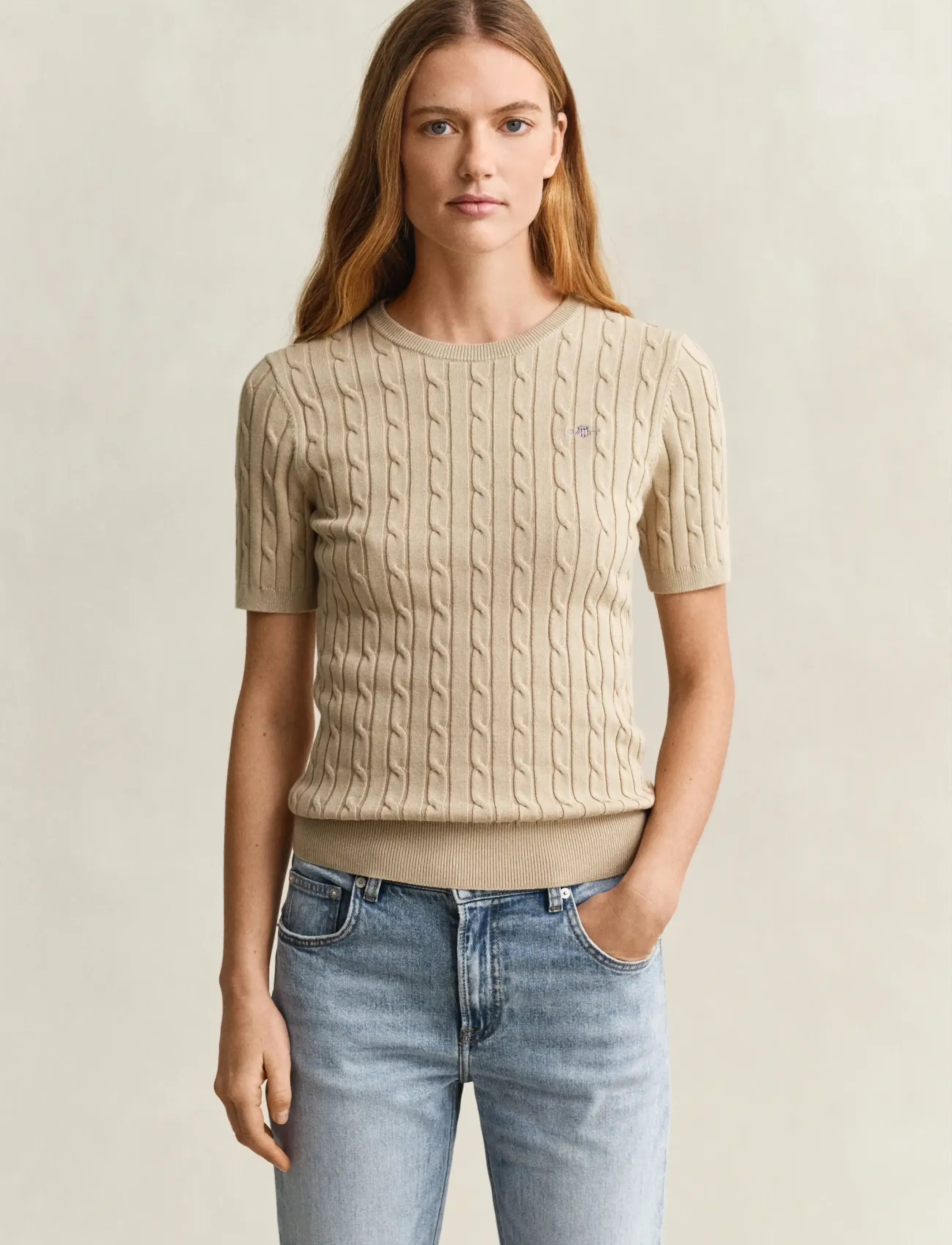 GANT Stretch Cable Knit Sweater - T-shirts - OAT BEIGE / beige