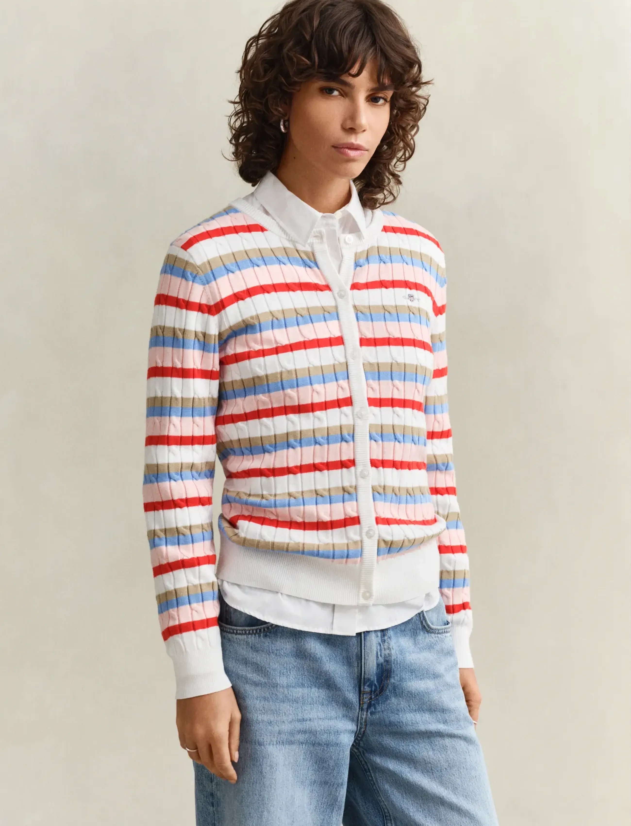 Gant Stretch Cotton Cable Stripe Cardi, Kvinder, Kabelstrikket Stribet Cardigan, Multi/mønstret, Str: L