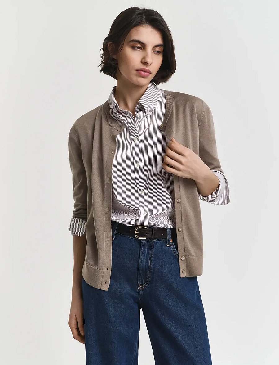 Gant - EXTRAFINE MERINO WOOL CARDIGAN - cardigans - taupe beige - 3