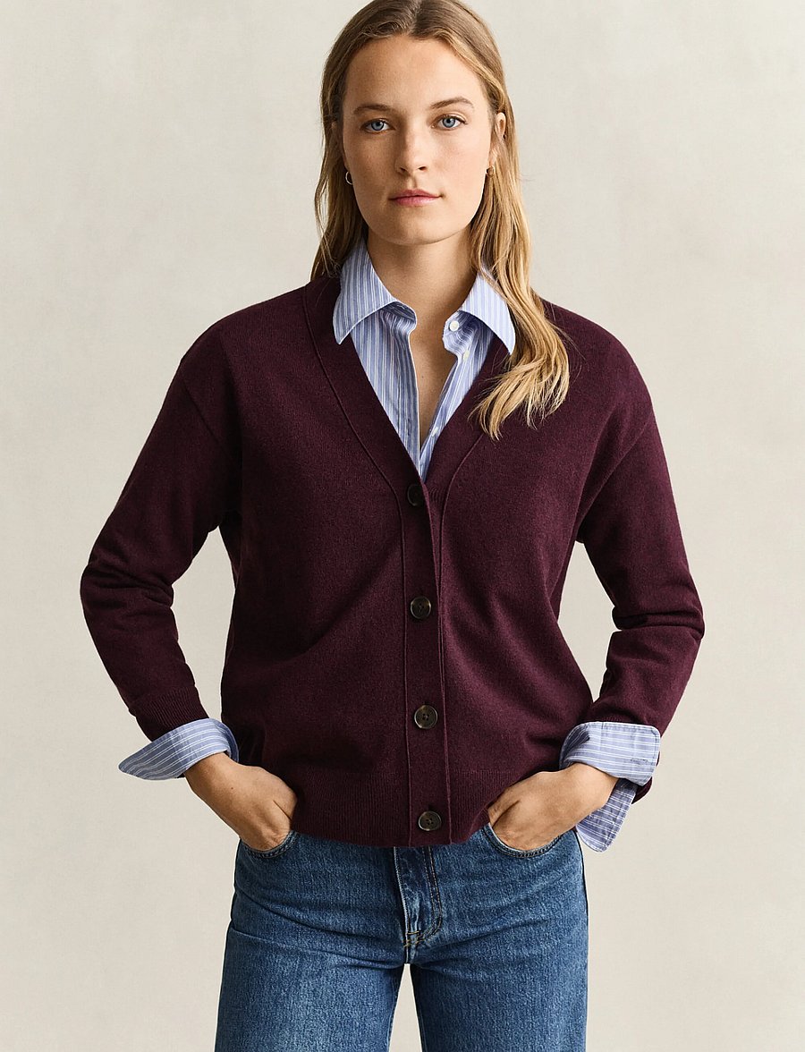Gant - SUPERFINE LAMBSWOOL CARDIGAN - cardigans - darkened wine - 0