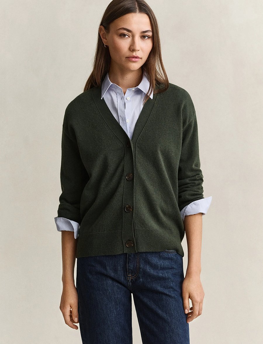 Gant - SUPERFINE LAMBSWOOL CARDIGAN - cardigans - mossy green - 0