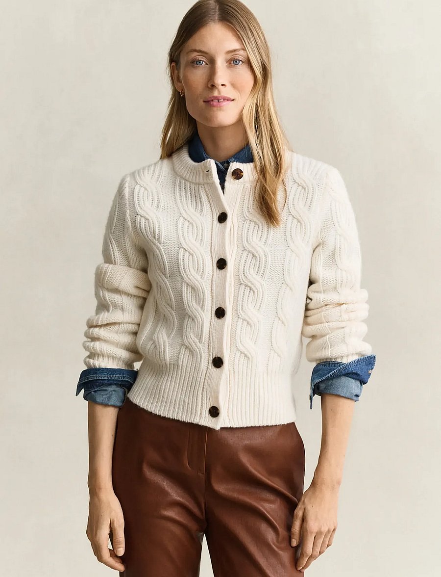 Gant - WOOL BLEND CABLE KNIT CARDIGAN - strickjacken - cream - 0