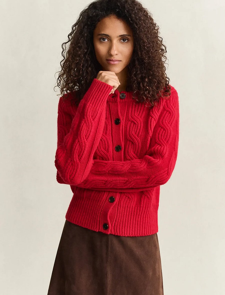 Gant - WOOL BLEND CABLE KNIT CARDIGAN - koftor - ruby red - 0