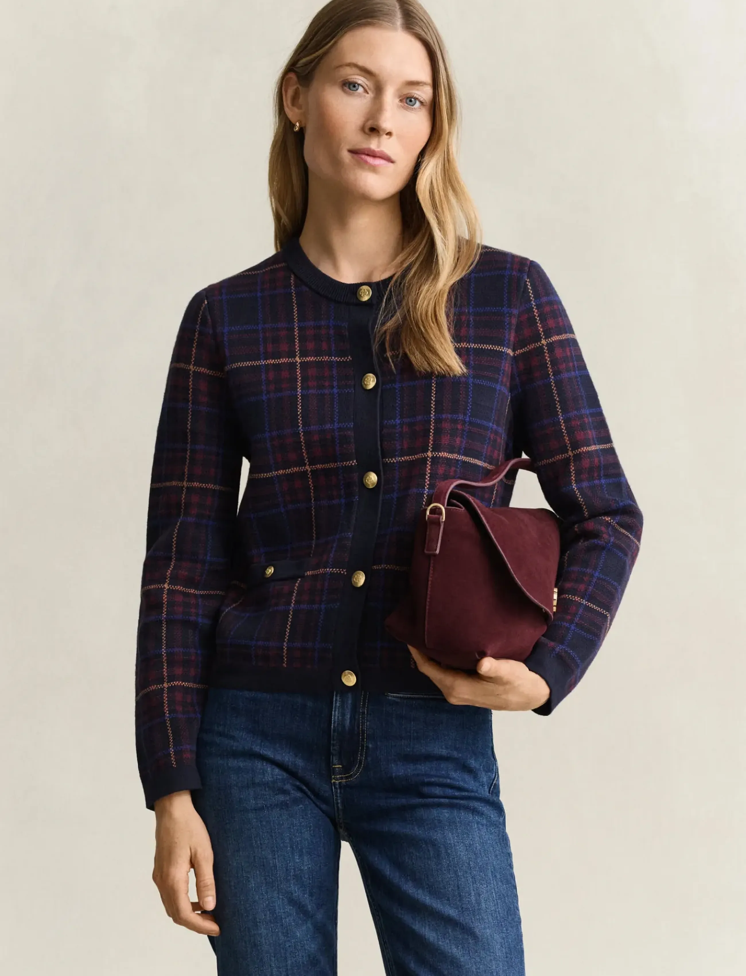 Gant CHECK KNIT C-NECK CARDIGAN - Kläder - EVENING BLUE / navy