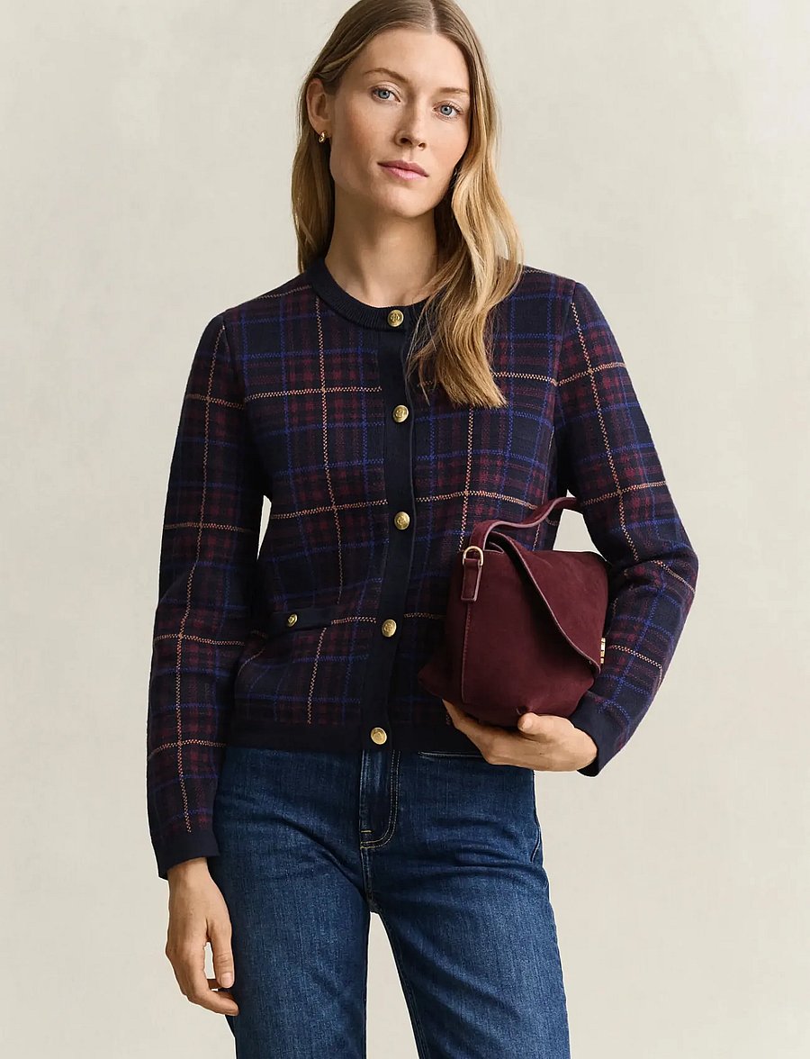 Gant - CHECK KNIT C-NECK CARDIGAN - strickjacken - evening blue - 0