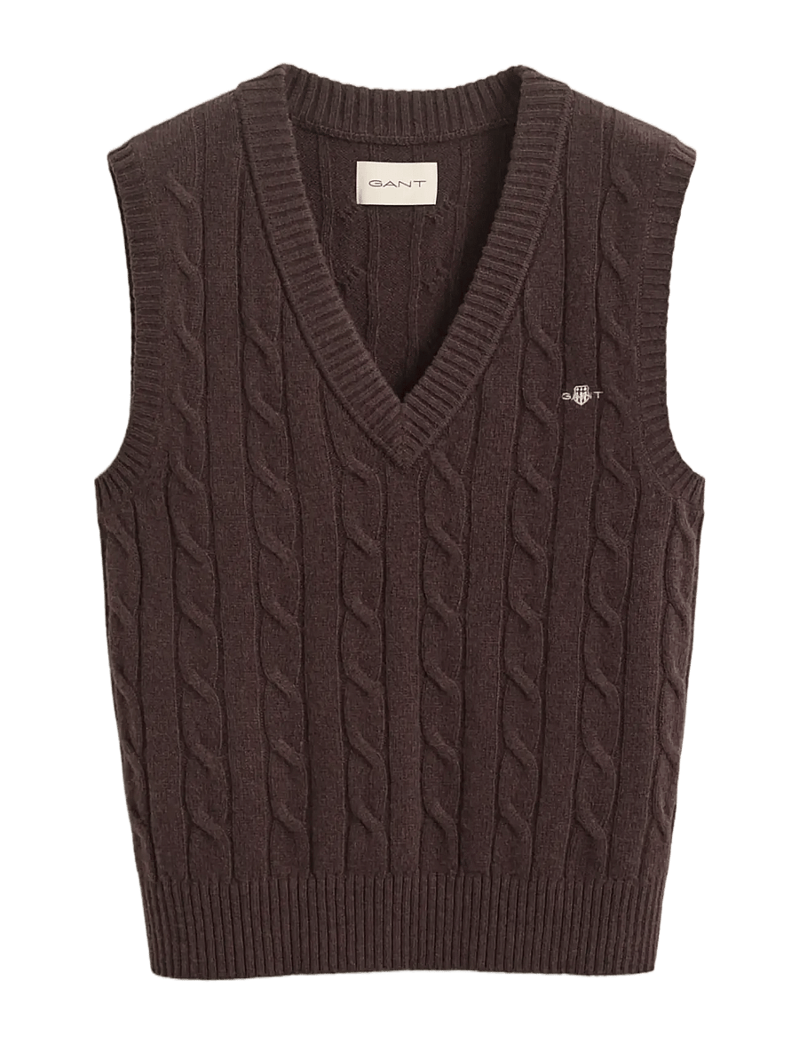 Gant - LAMBSWOOL CABLE KNIT VEST - stickade västar - deep brown - 1