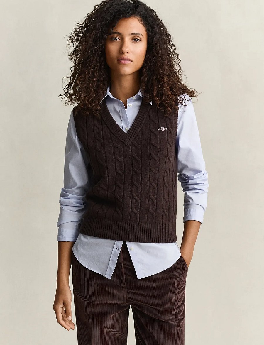 Gant - LAMBSWOOL CABLE KNIT VEST - stickade västar - deep brown - 0