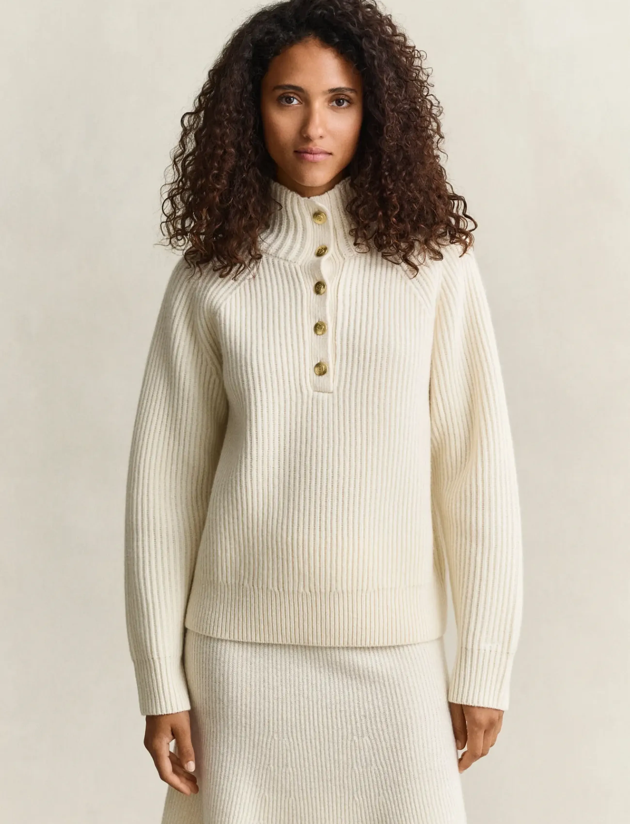 Gant - WOOL RIBBED HALF BUTTON - cream - 0
