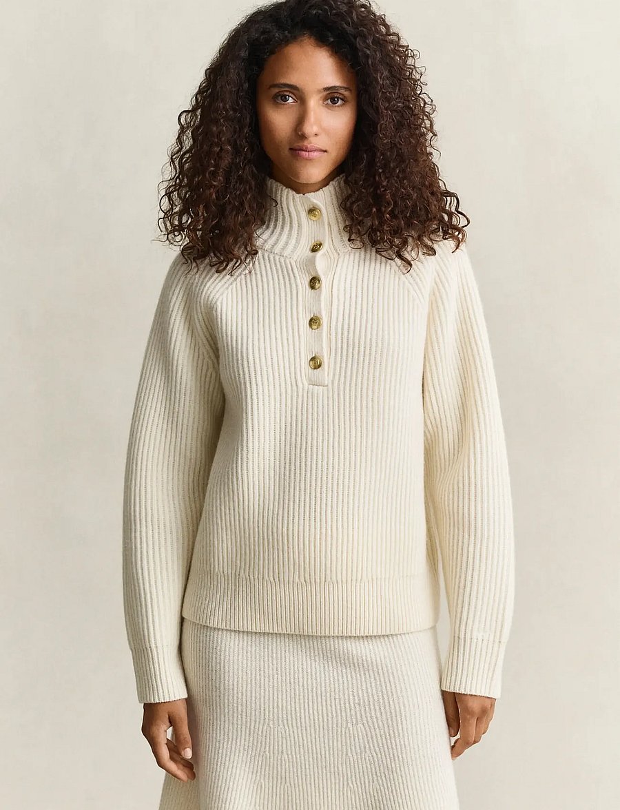 Gant - WOOL RIBBED HALF BUTTON - cream - 0