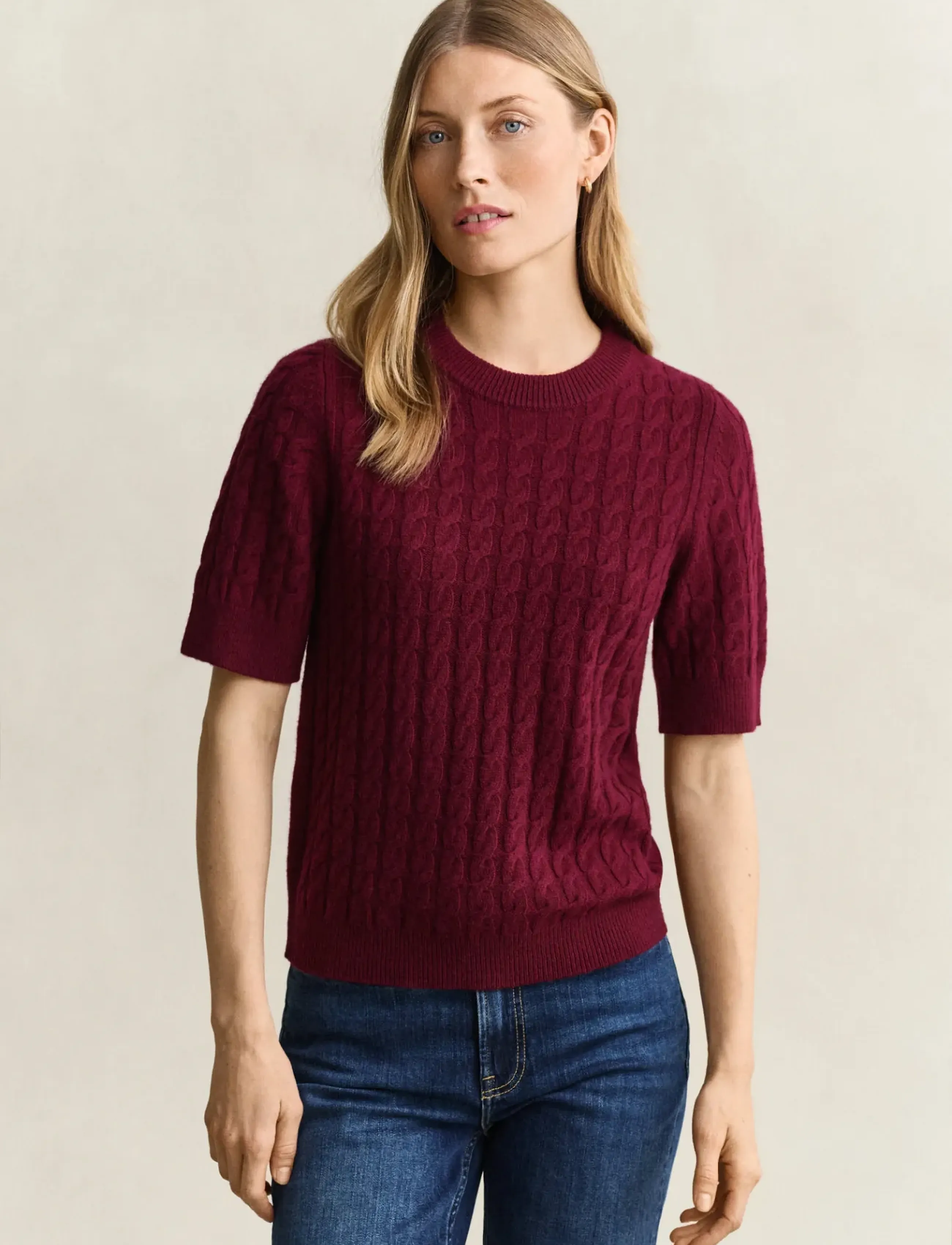 Gant WOOL CASHMERE CABLE C-NECK SS - T-särgid - DARKENED WINE / burgundy