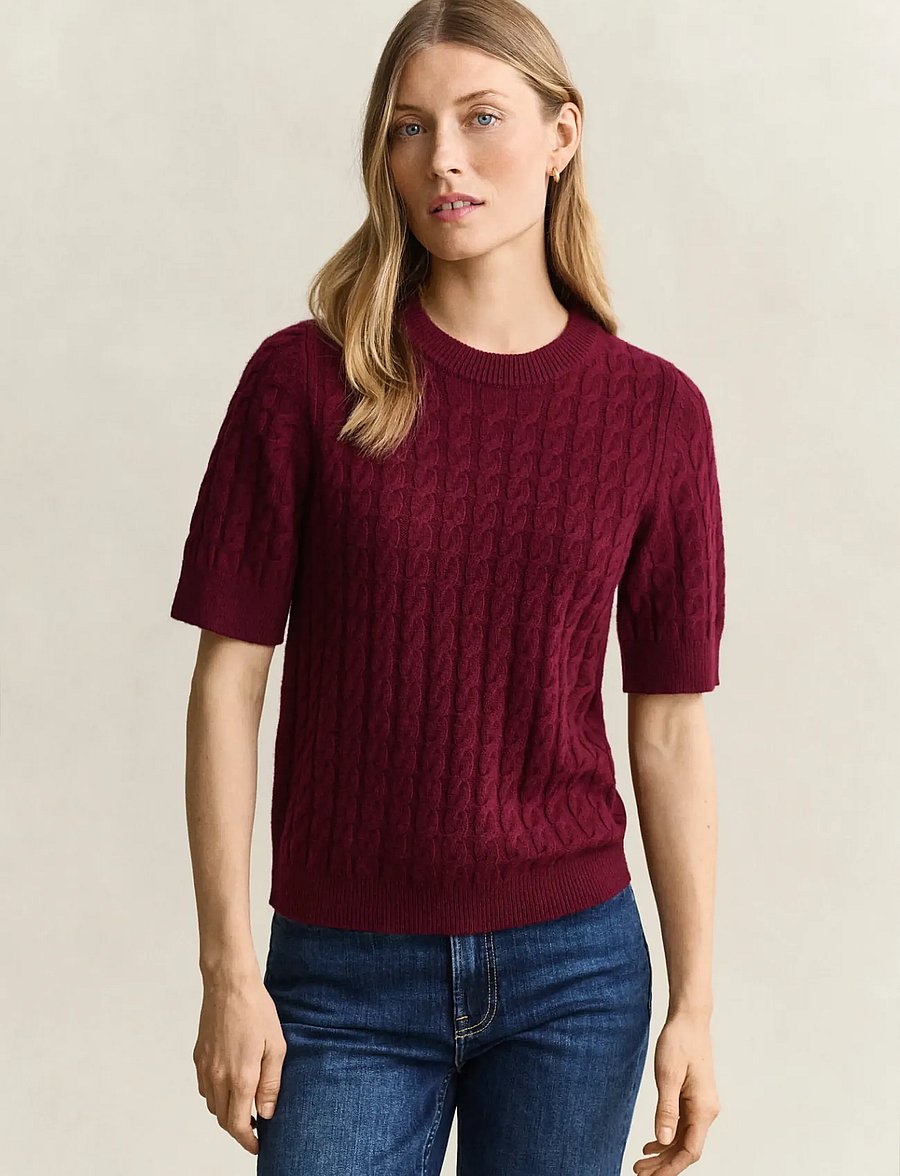 Gant - WOOL CASHMERE CABLE C-NECK SS - kašmiir - darkened wine - 0