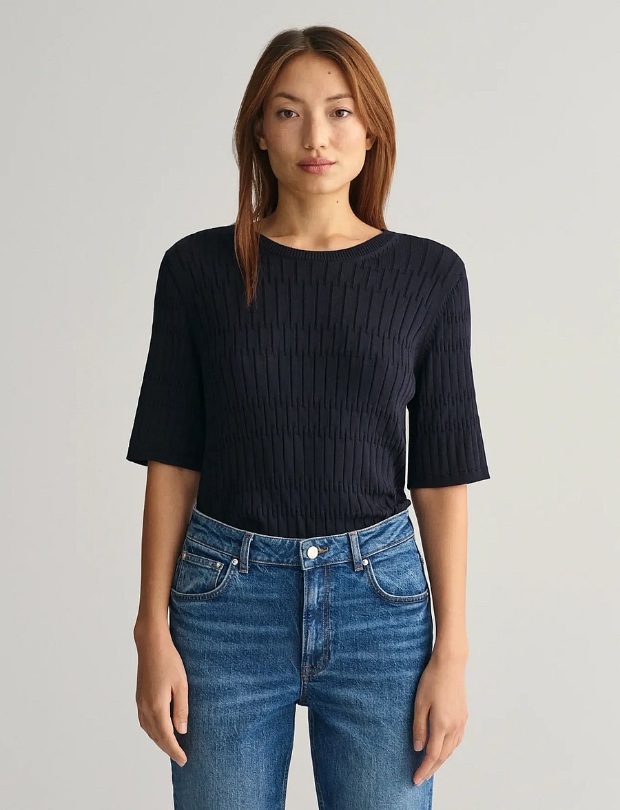 Gant - TEXTURED SHORT SLEEVE C-NECK - striktrøjer - evening blue - 0