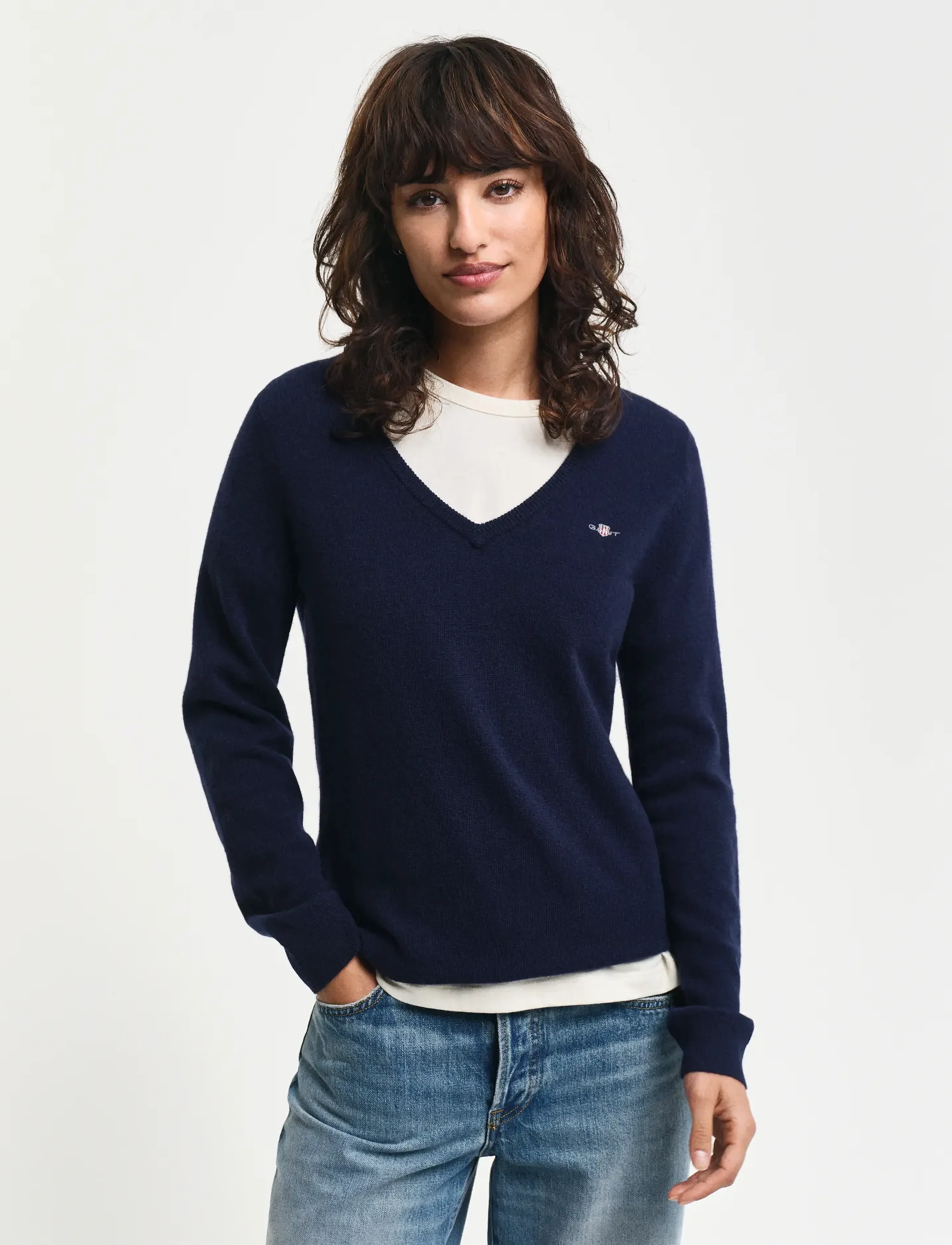 Gant - EXTRAFINE LAMBSWOOL BLEND V-NECK - neulepuserot - evening blue - 0