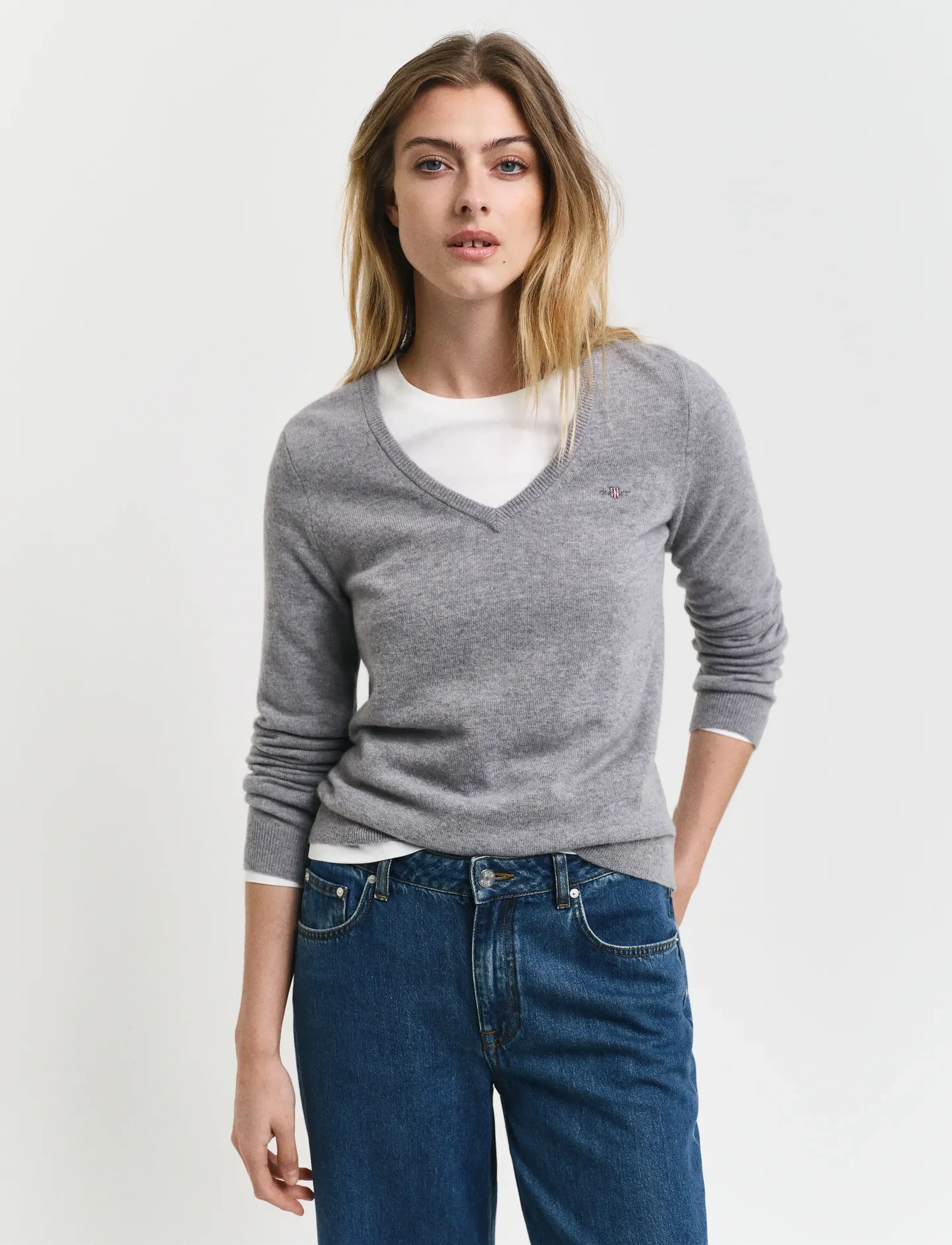 Gant Extrafine Lambswool Blend V-Neck, S, Knitwear, Grau - Jumpers, Frauen