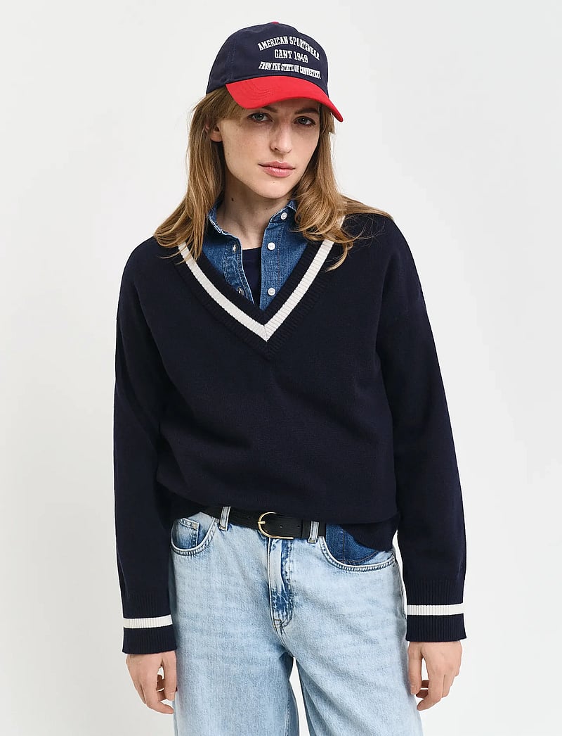 GANT - SUPERFINE LAMBSWOOL CONT V-NECK - evening blue - 0