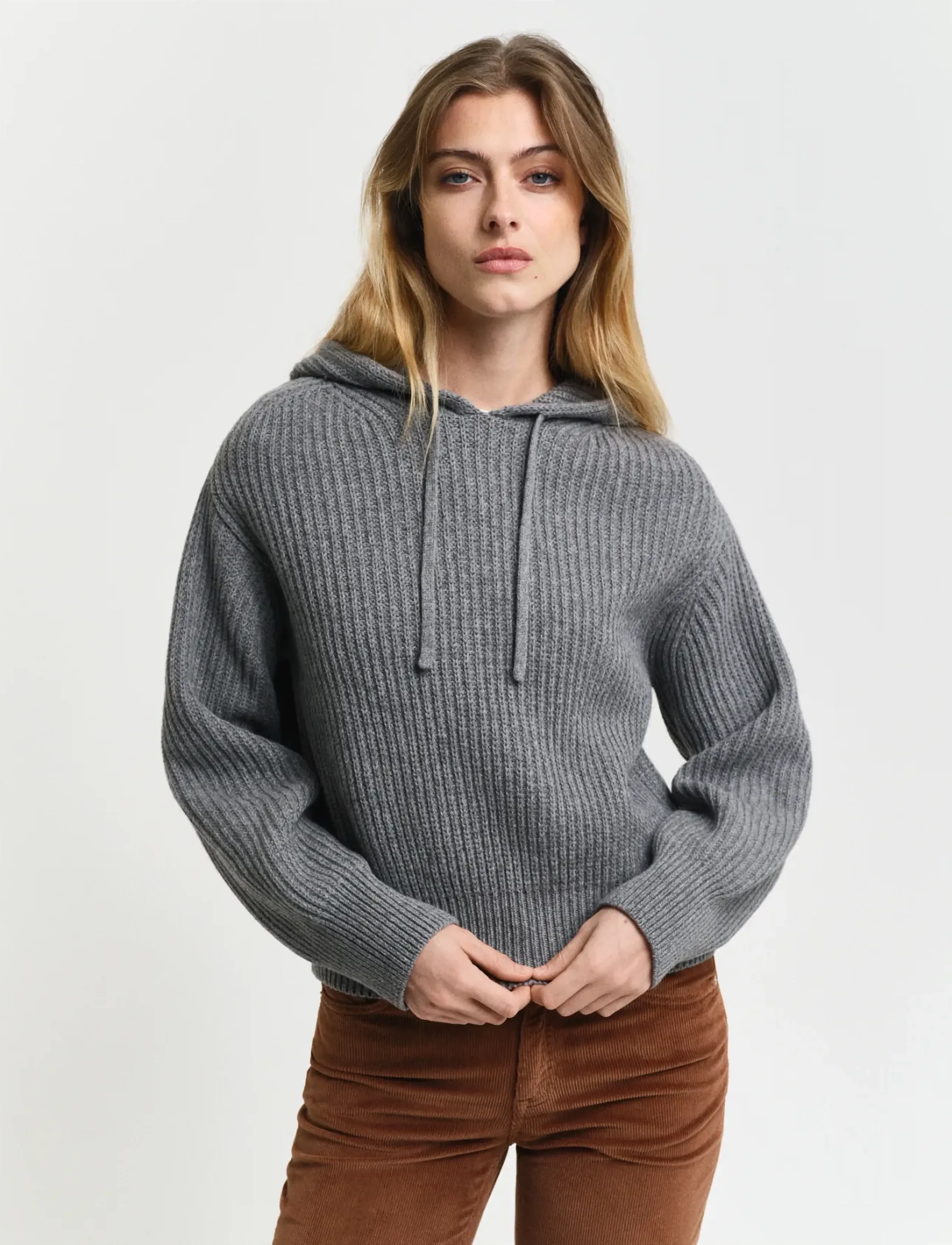 Gant Rib Knitted Hoodie, L, Knitwear, Grau - Jumpers, Frauen