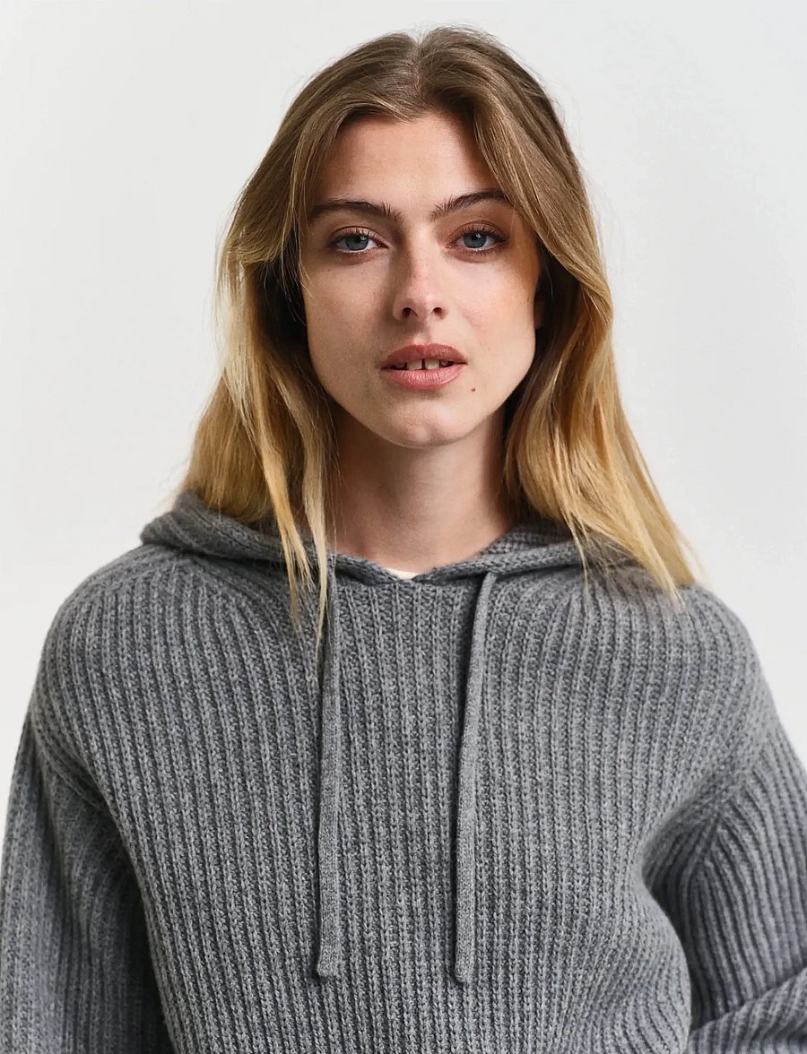 Gant - RIB KNITTED HOODIE - megztiniai - grey melange - 3