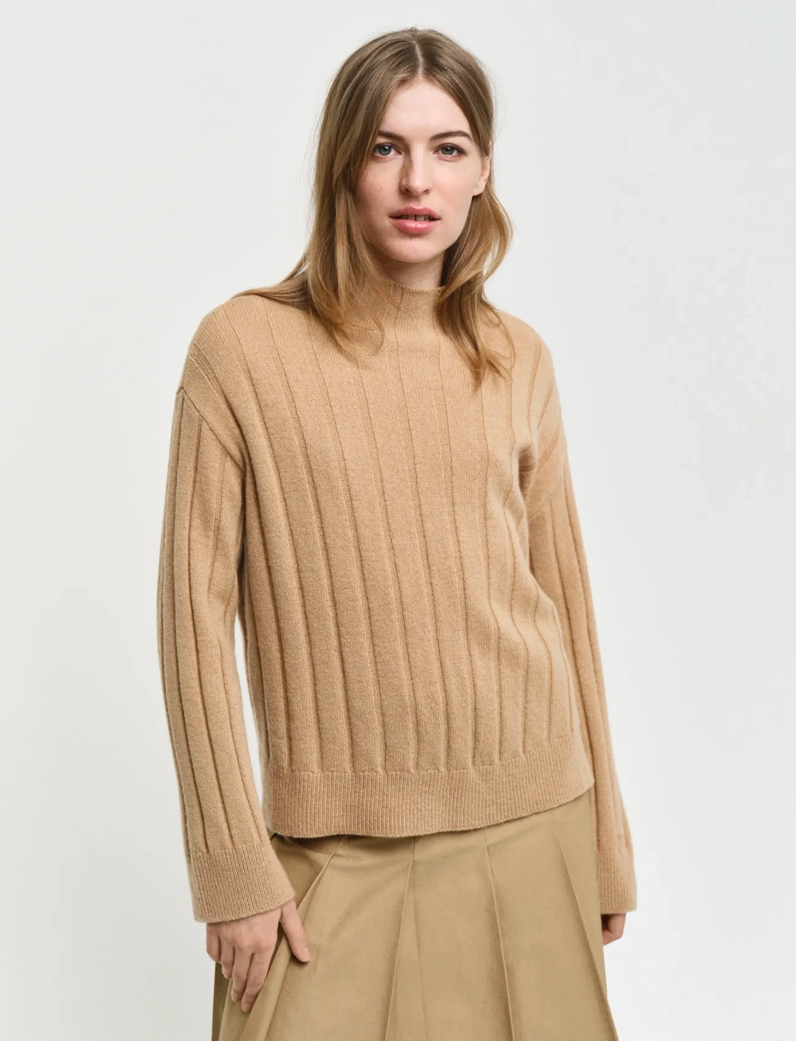 Gant Wide Ribbed Wool Stand Collar, XS, Knitwear, Beige - Jumpers, Frauen