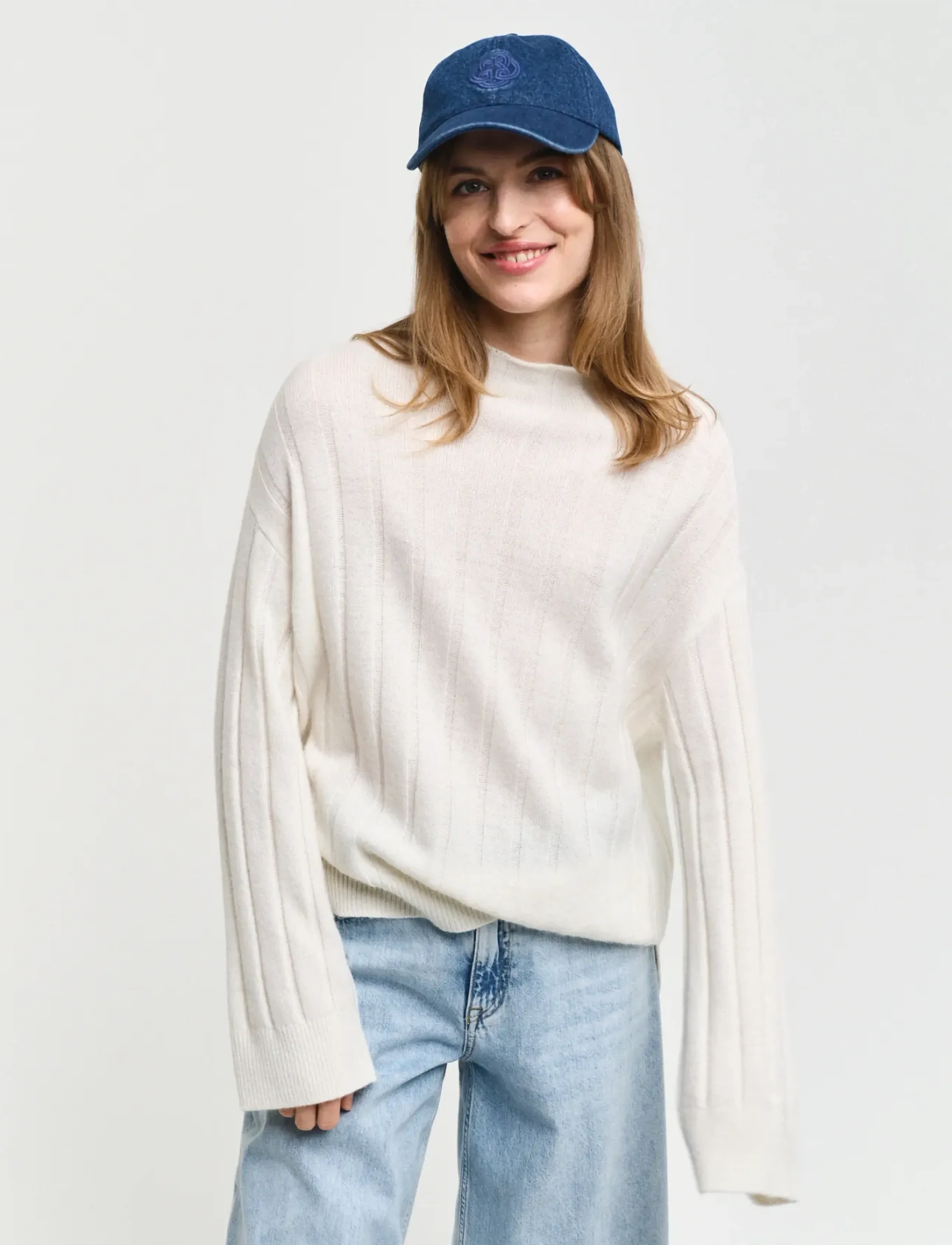 Gant Wide Ribbed Wool Stand Collar, Kvinder, Ribstrikket Ståhals Sweater, Cream, Str: XS