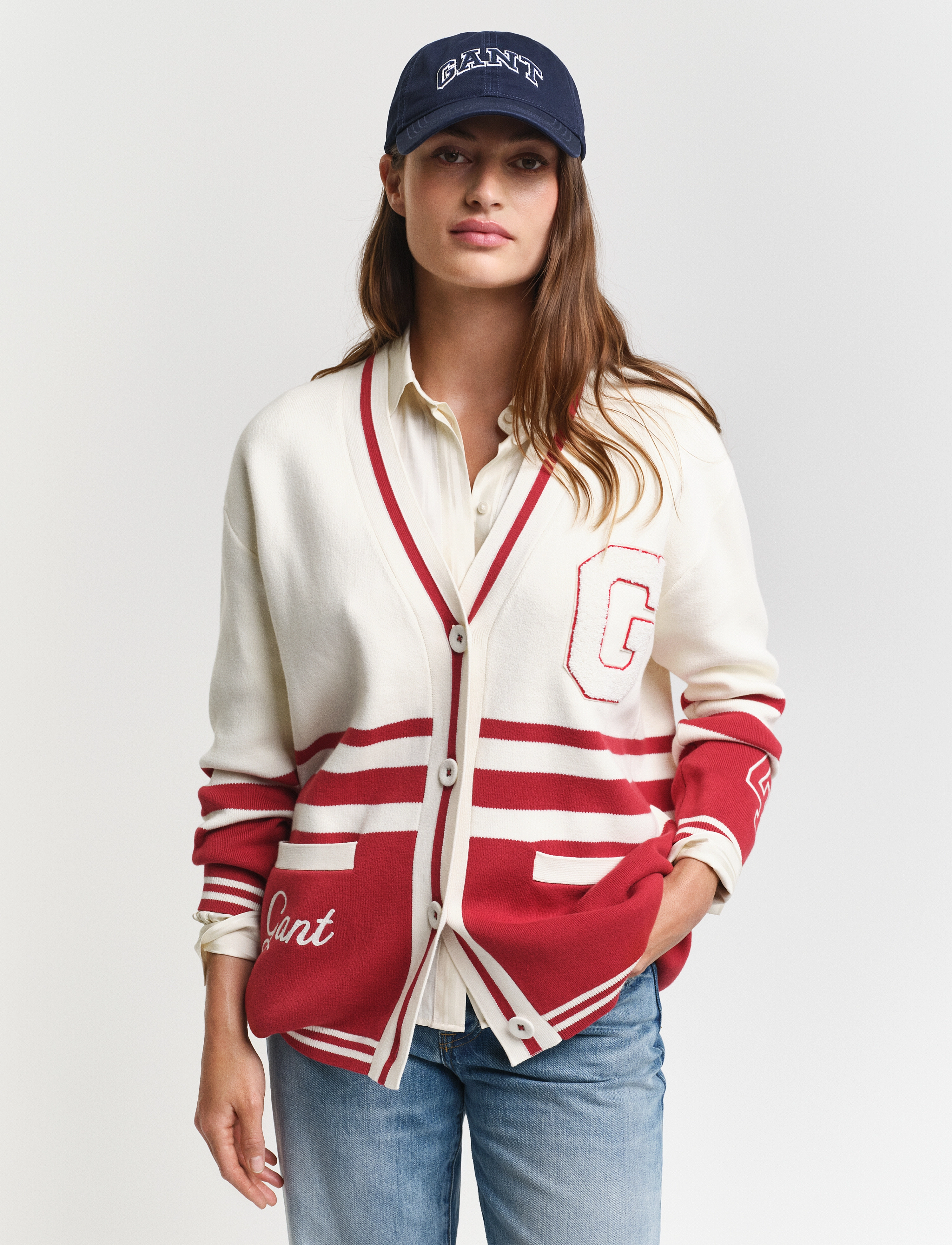 Gant Gant Varsity Cardigan, XL/XXL, Red, Strik > Cardigans, Dame