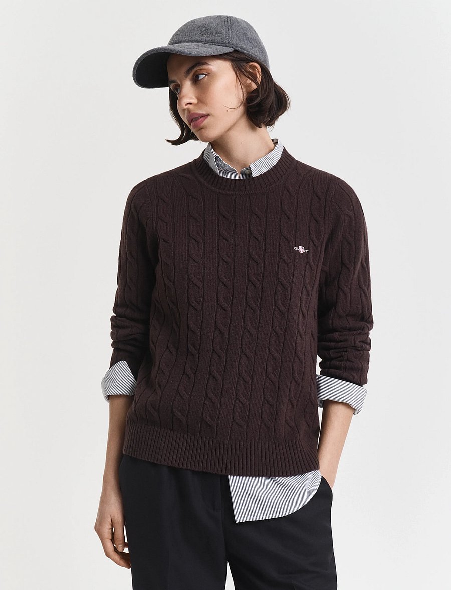 Gant - LAMBSWOOL CABLE C-NECK - jumpers - deep brown - 0
