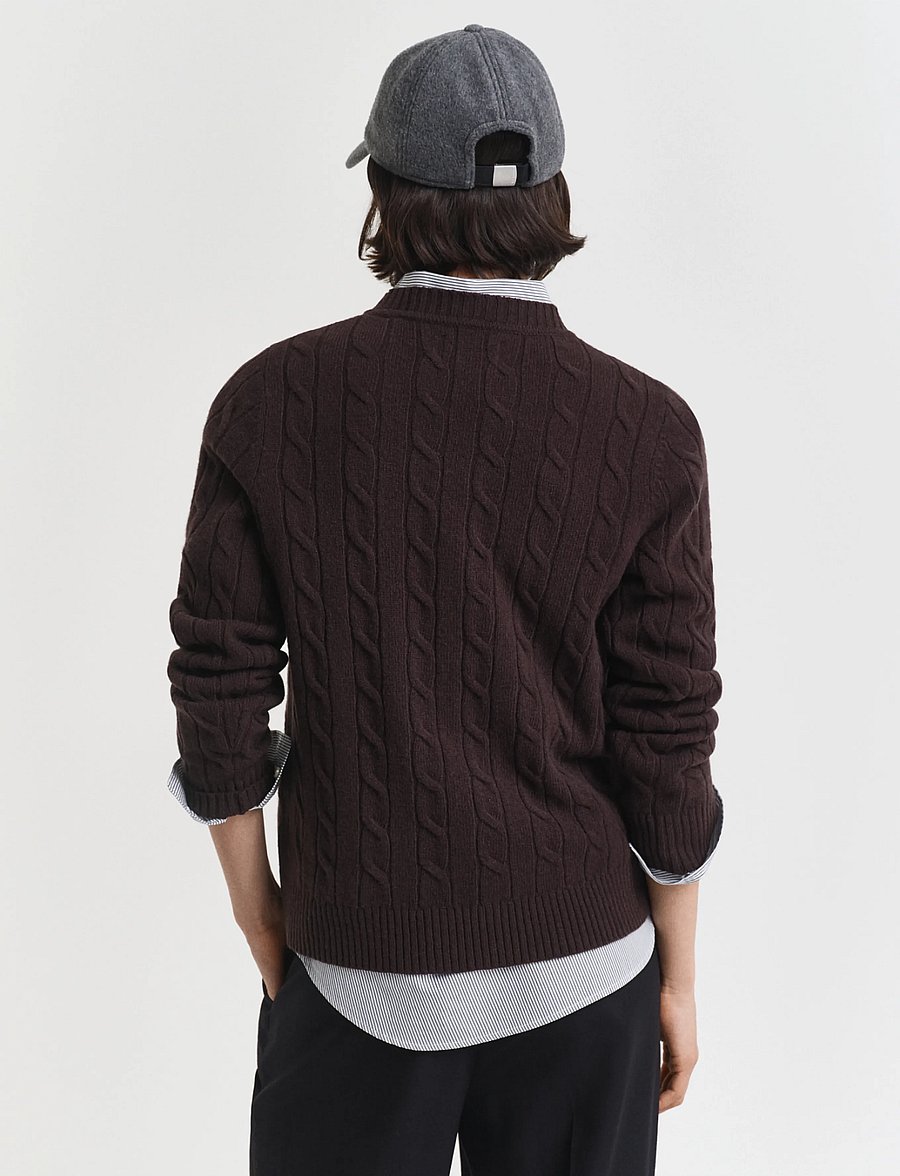 Gant - LAMBSWOOL CABLE C-NECK - jumpers - deep brown - 2