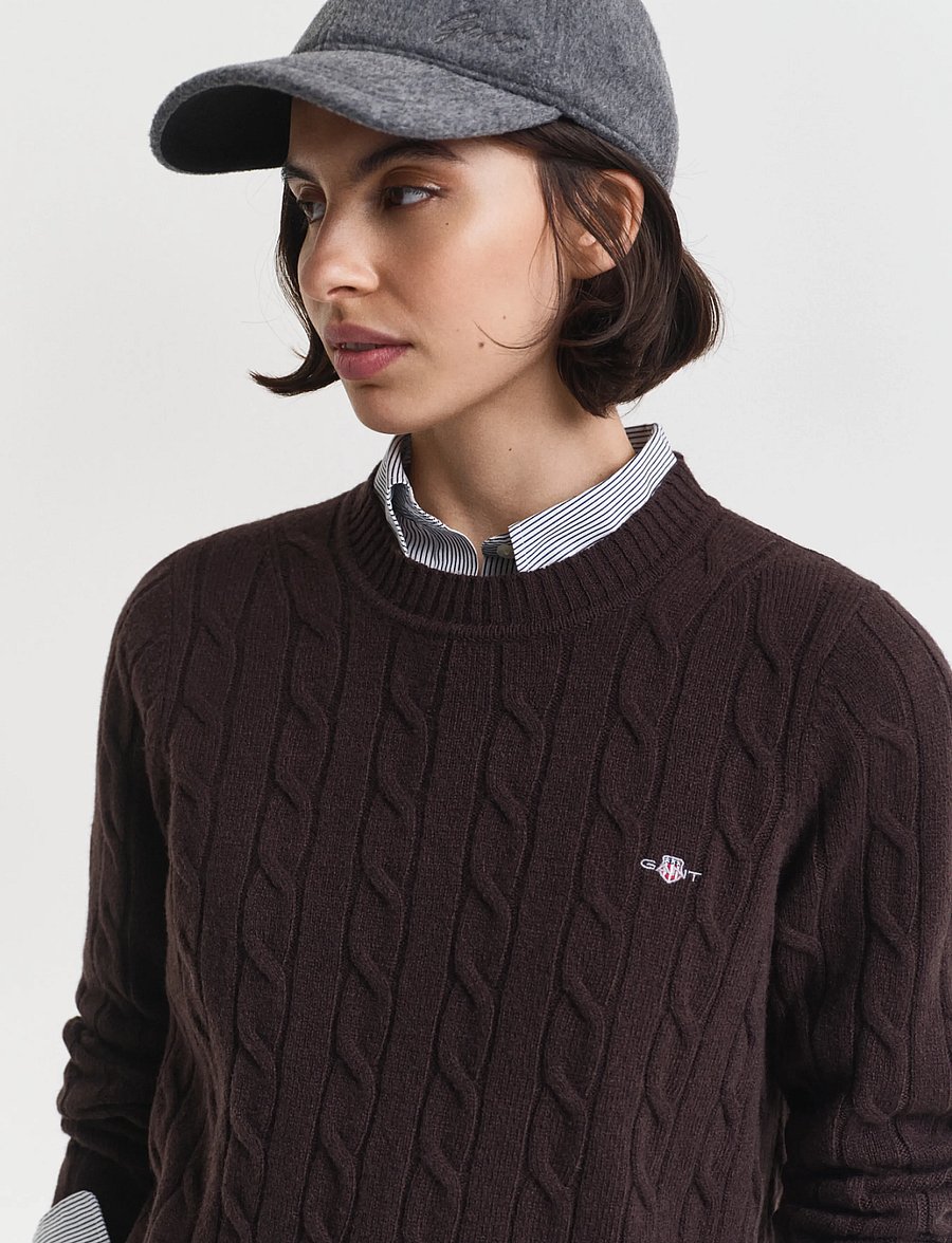 Gant - LAMBSWOOL CABLE C-NECK - jumpers - deep brown - 3