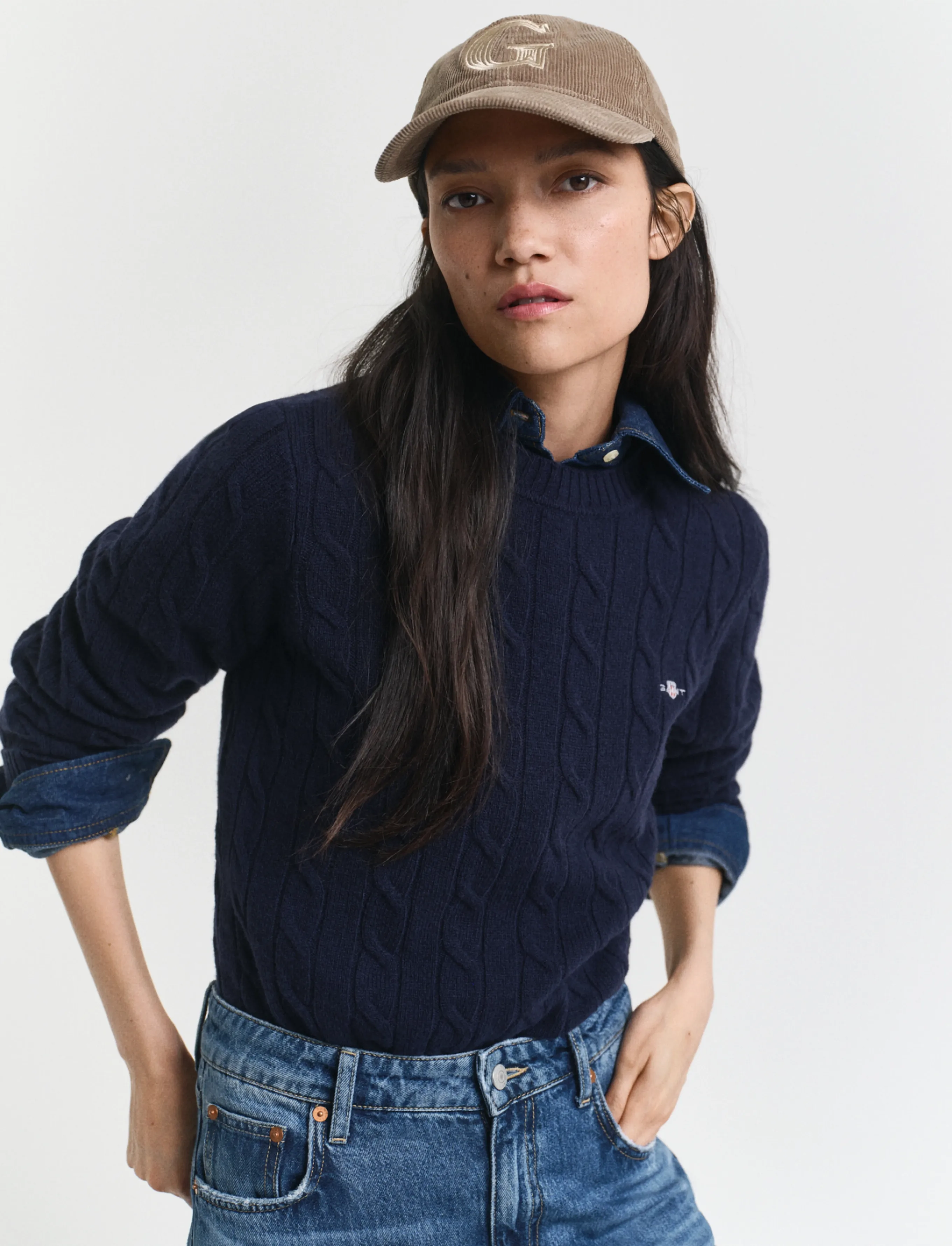 Gant LAMBSWOOL CABLE C-NECK - Kläder - EVENING BLUE / navy