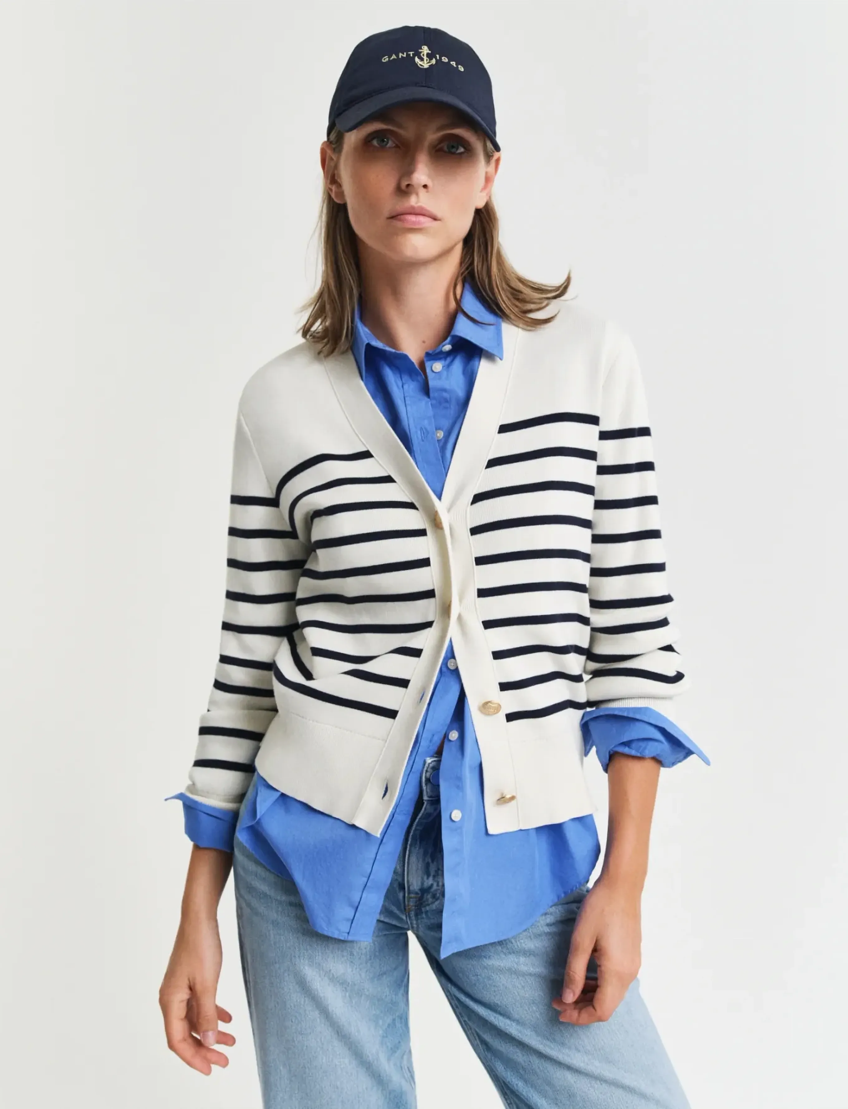 Gant Striped Cotton Cardigan, XL, Knitwear, Creme - Cardigans, Frauen
