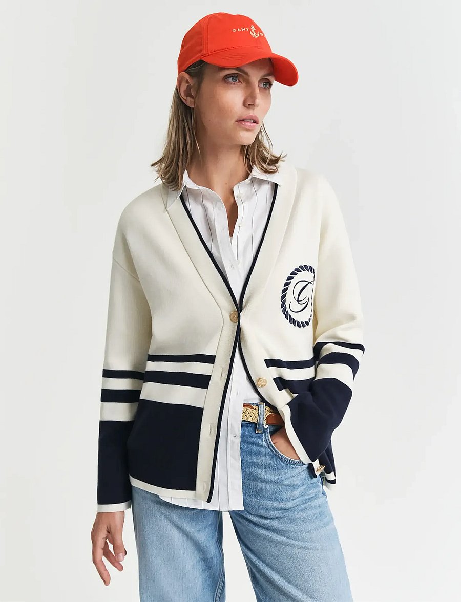 Gant - GANT VARSITY V-NECK CARDIGAN - cream - 0