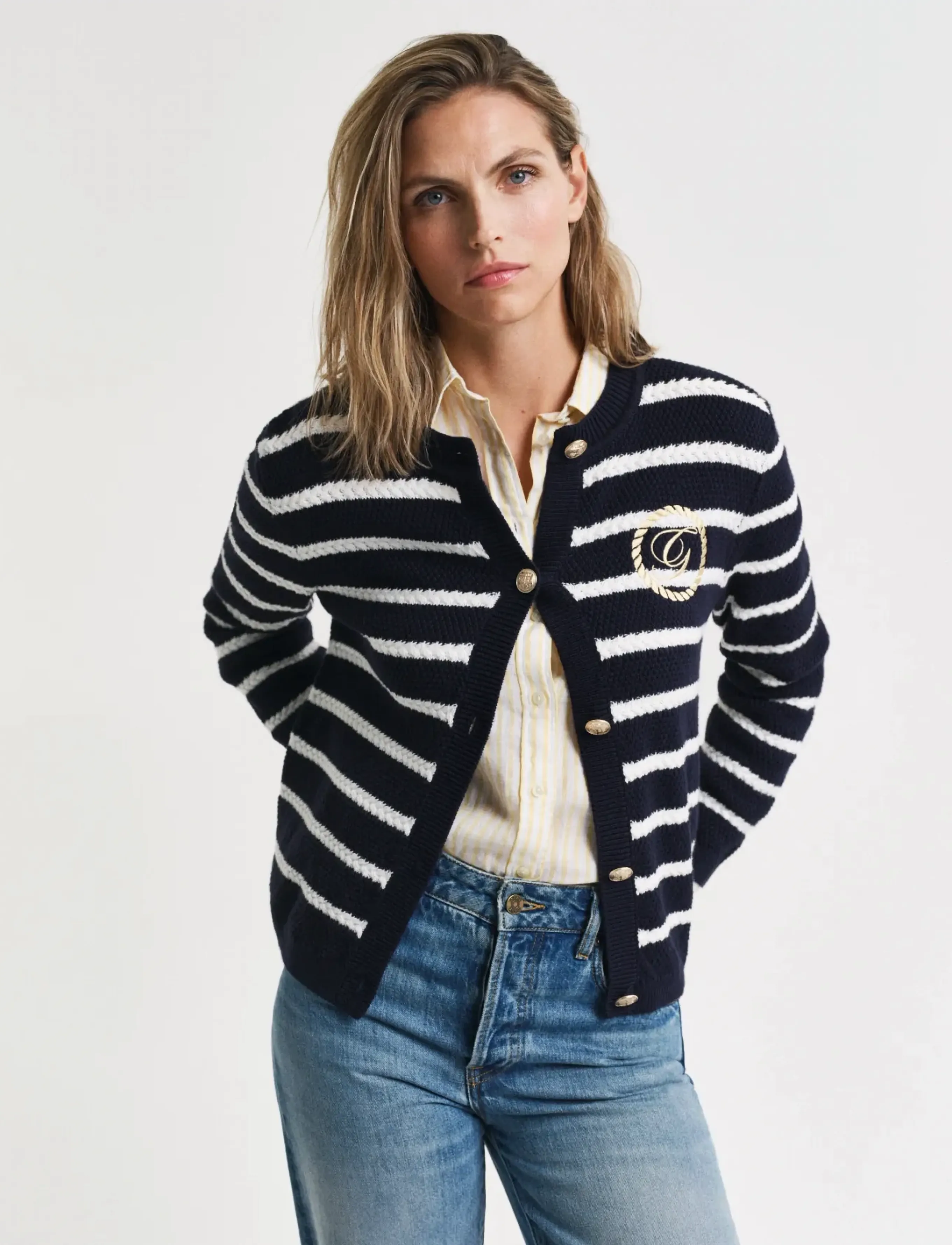 Gant Striped Cotton Knit Jacket, L, Navy, Strik > Cardigans, Dame