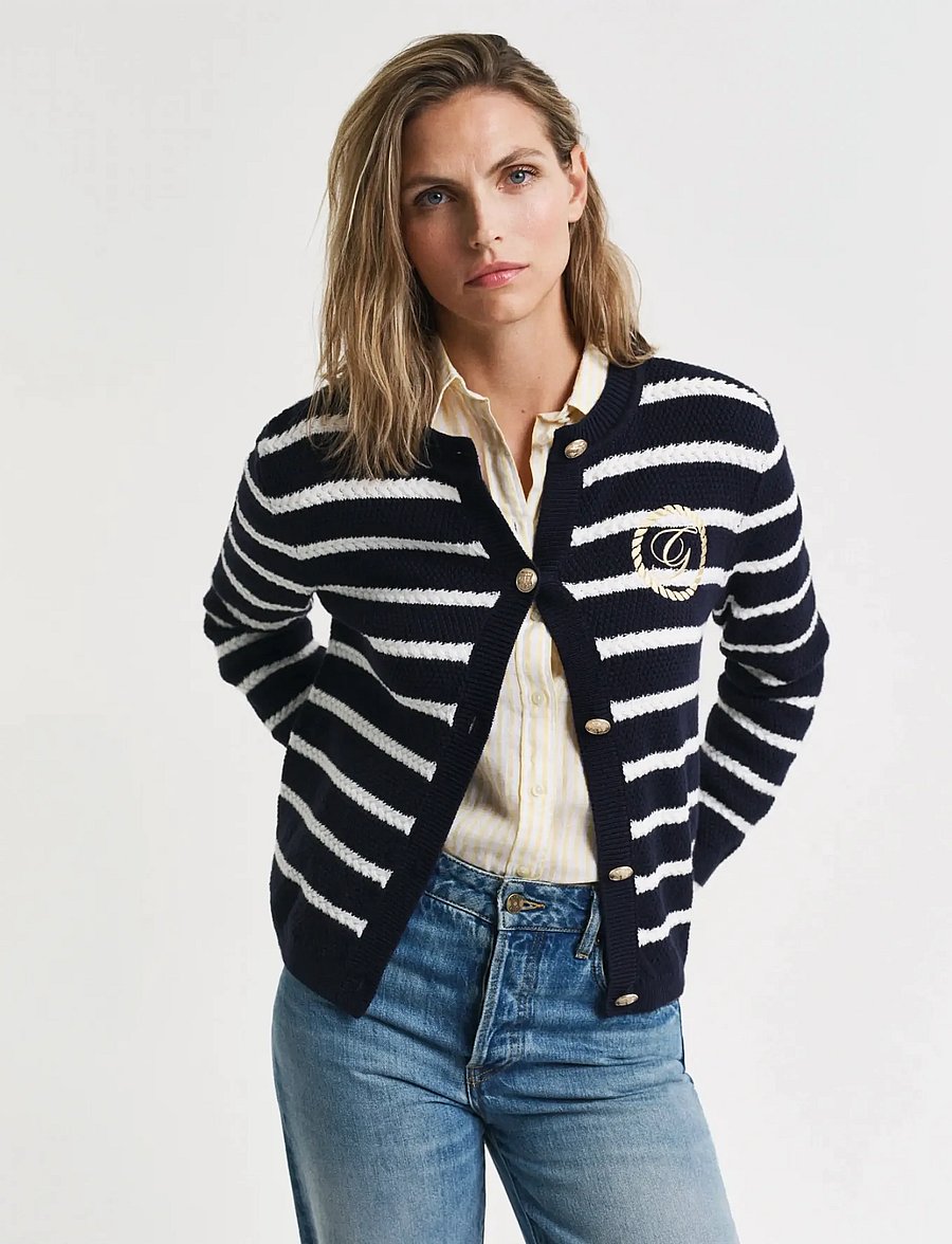 Gant - STRIPED COTTON KNIT JACKET - strickjacken - evening blue - 0