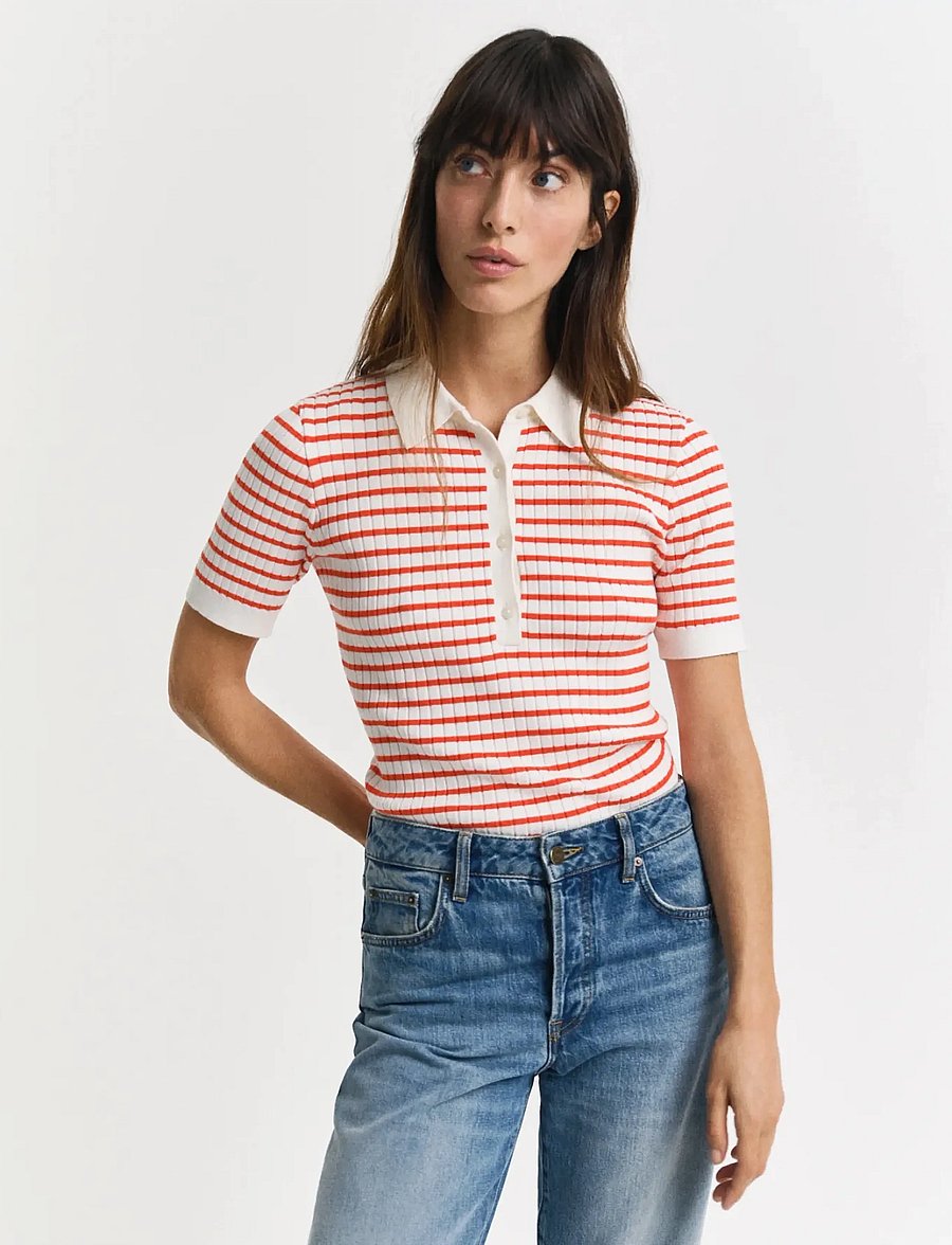 Gant - RIB KNIT STRIPED SS RUGGER - poloshirts - orange red - 0