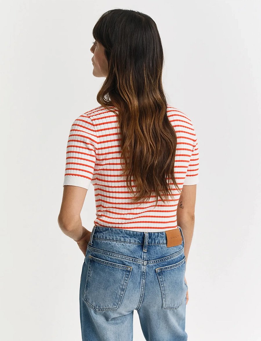 Gant - RIB KNIT STRIPED SS RUGGER - poloshirts - orange red - 3