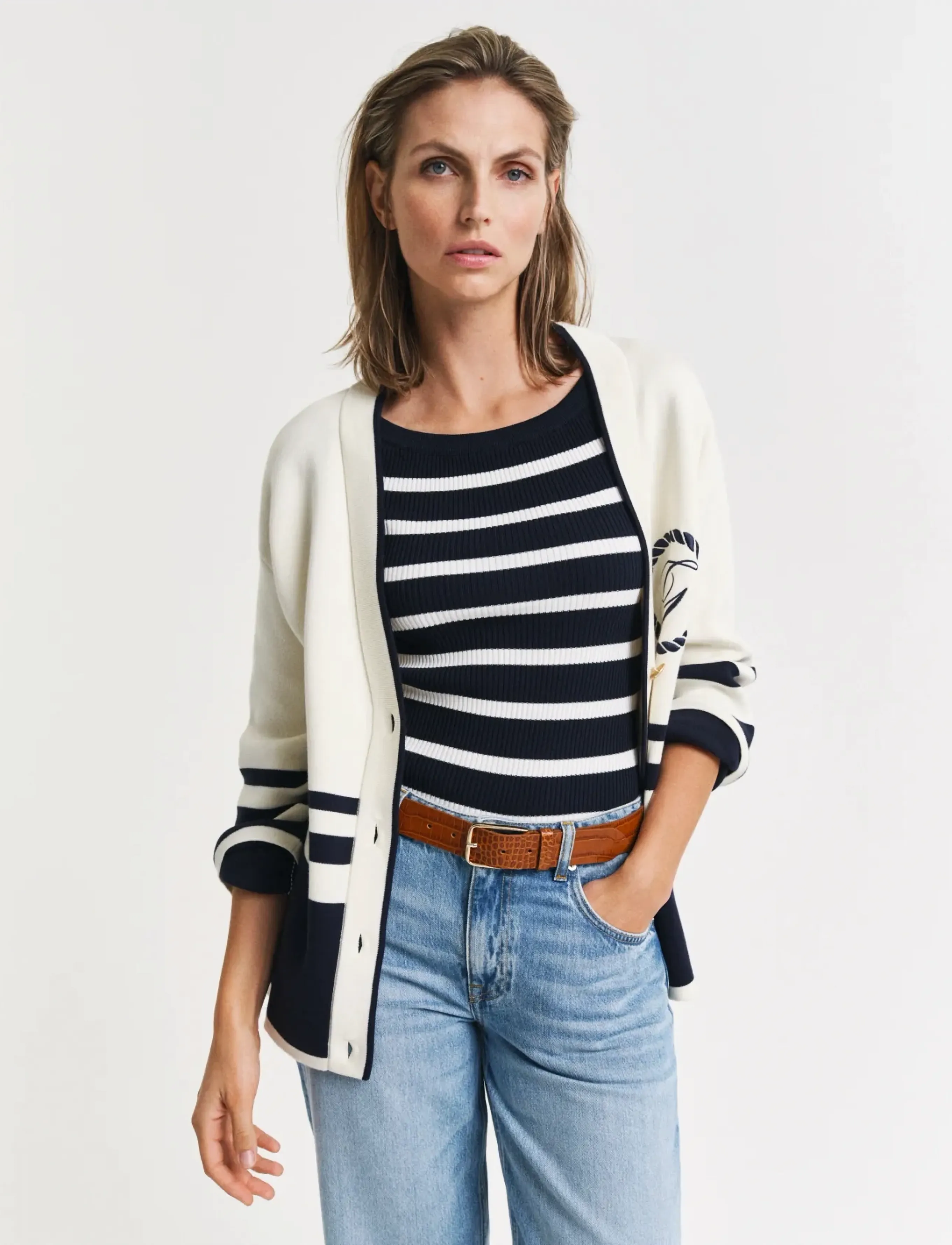 GANT STRIPED RIB KNIT OFF SHOULDER SS - T-shirts & Toppar - EVENING BLUE / navy