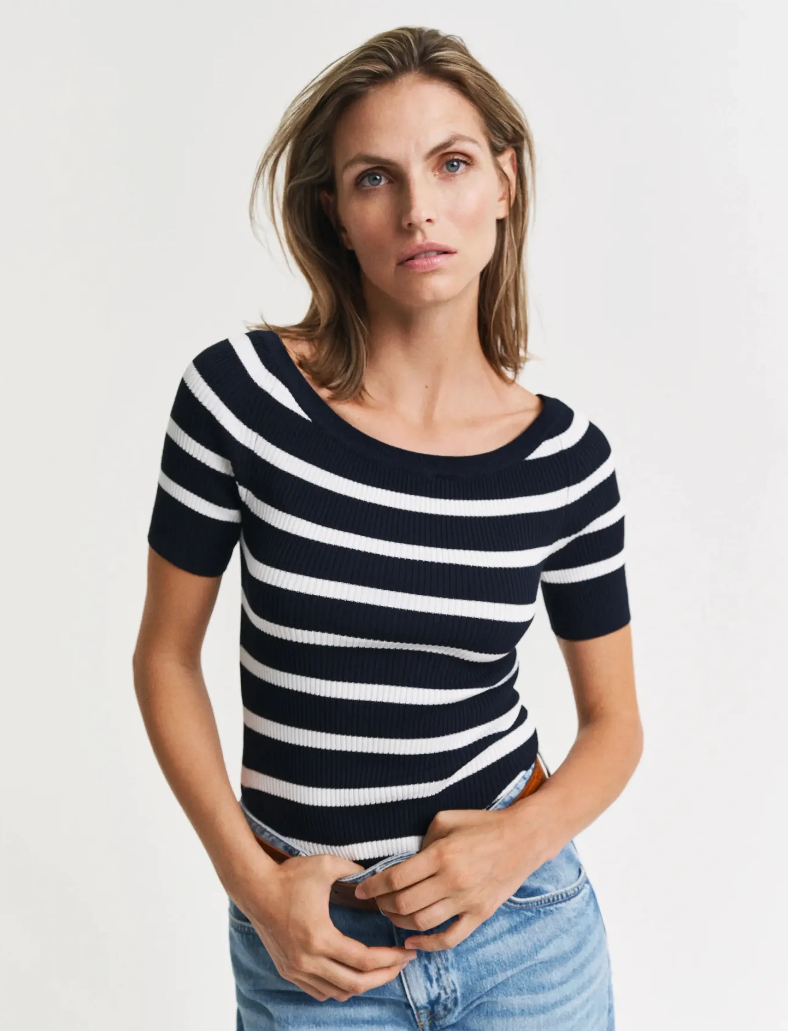 Gant - STRIPED RIB KNIT OFF SHOULDER SS - evening blue - 4