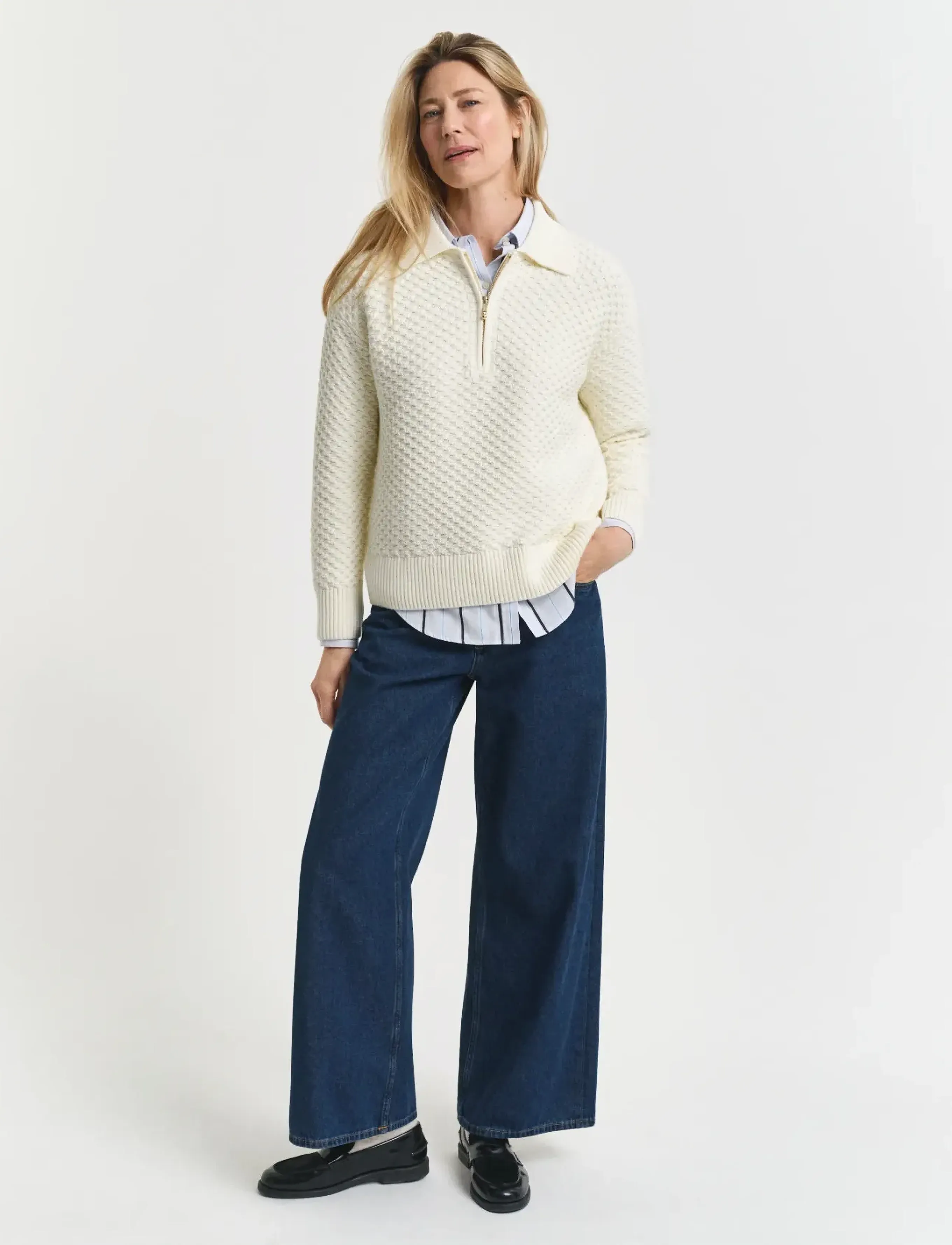 Gant Cotton Texture Half Zip, Kvinder, Tekstureret Halv Lynlås Sweater, Hvid, Str: XXL