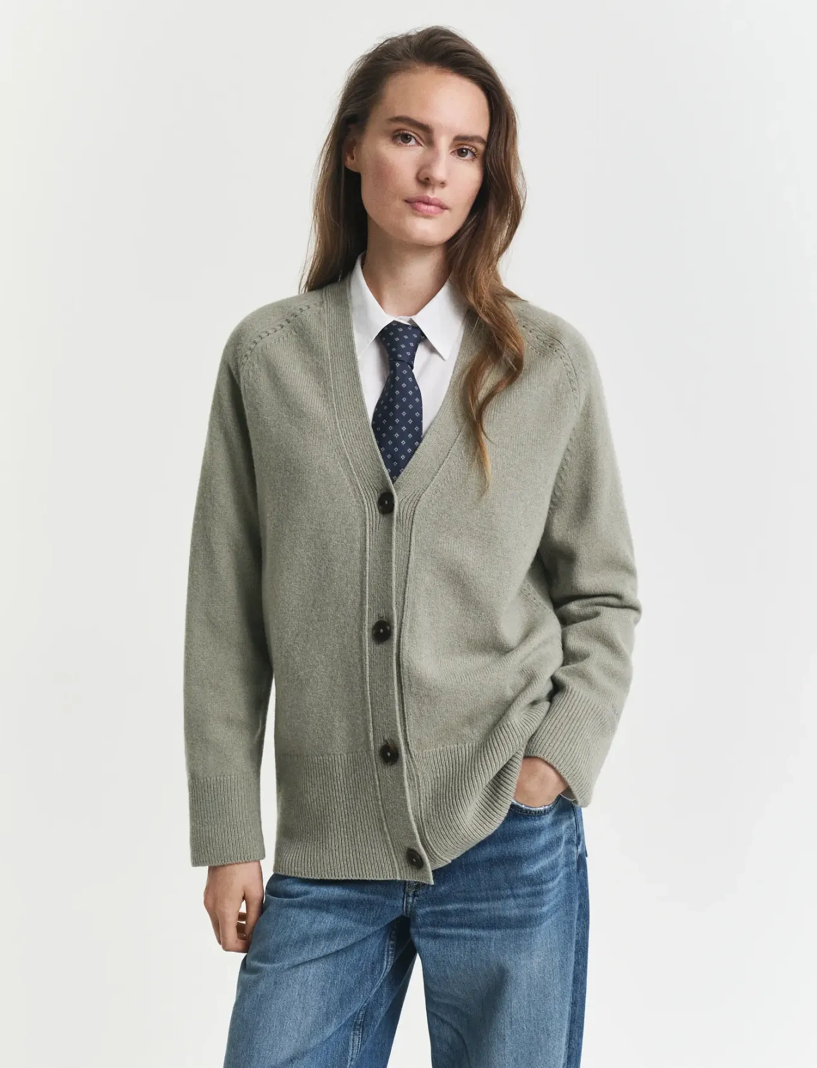 Gant Detail Knit Cardigan, XS, Green, Strik > Cardigans, Dame