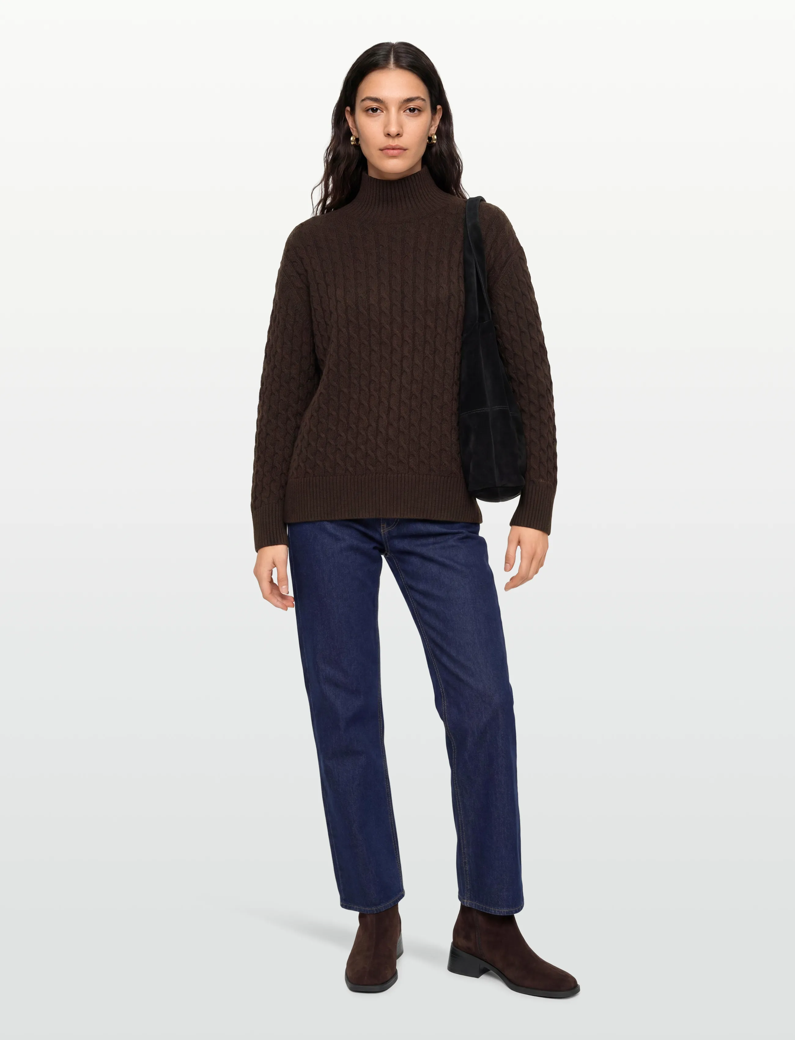 Gant Cable Knit Mock Neck, XXL, Brown, Strik > Rullekrave, Dame