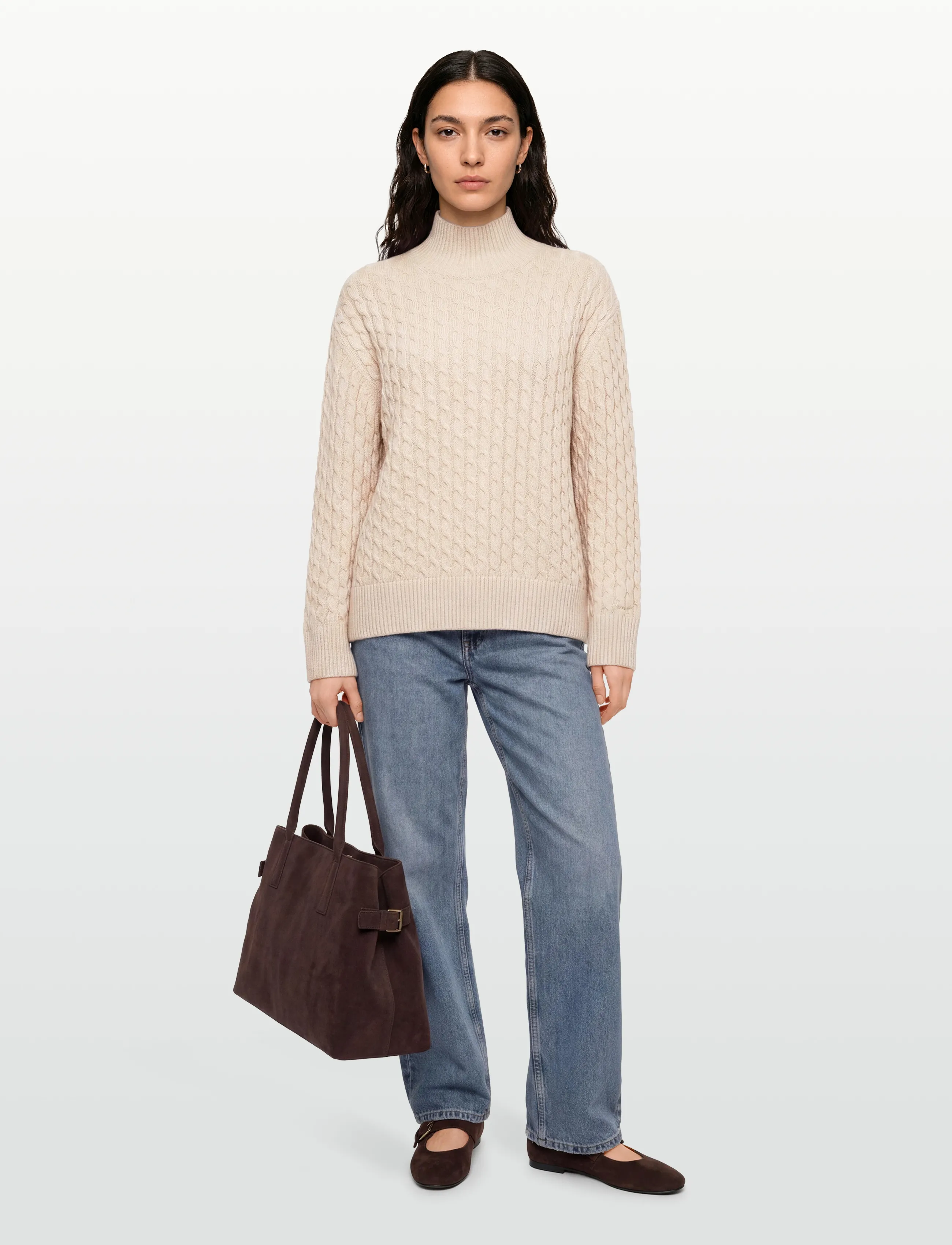 Gant Cable Knit Mock Neck, L, Cream, Strik > Rullekrave, Dame