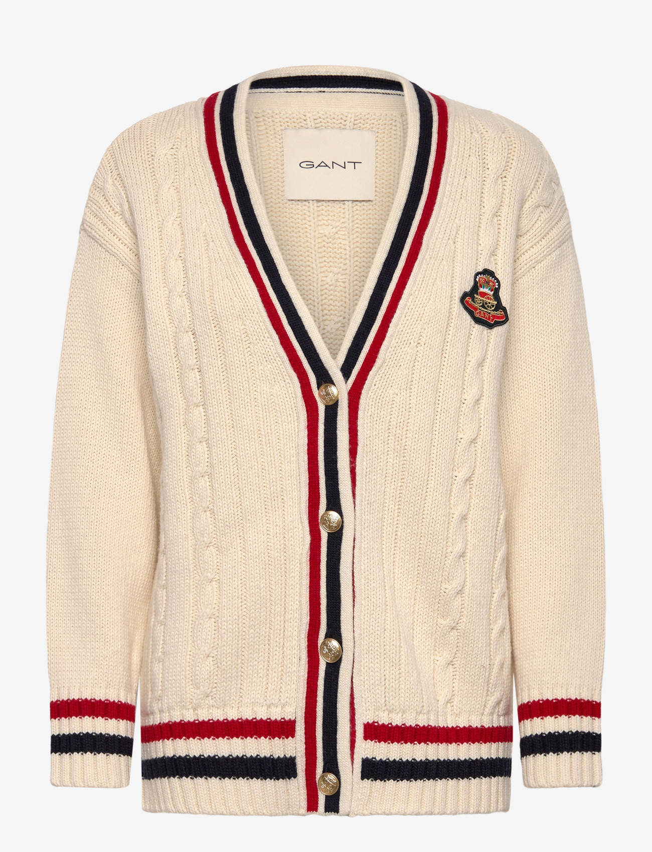 GANT - GANT VARSITY CABLE V-NECK CARDIGAN - cardigans - cream - 1