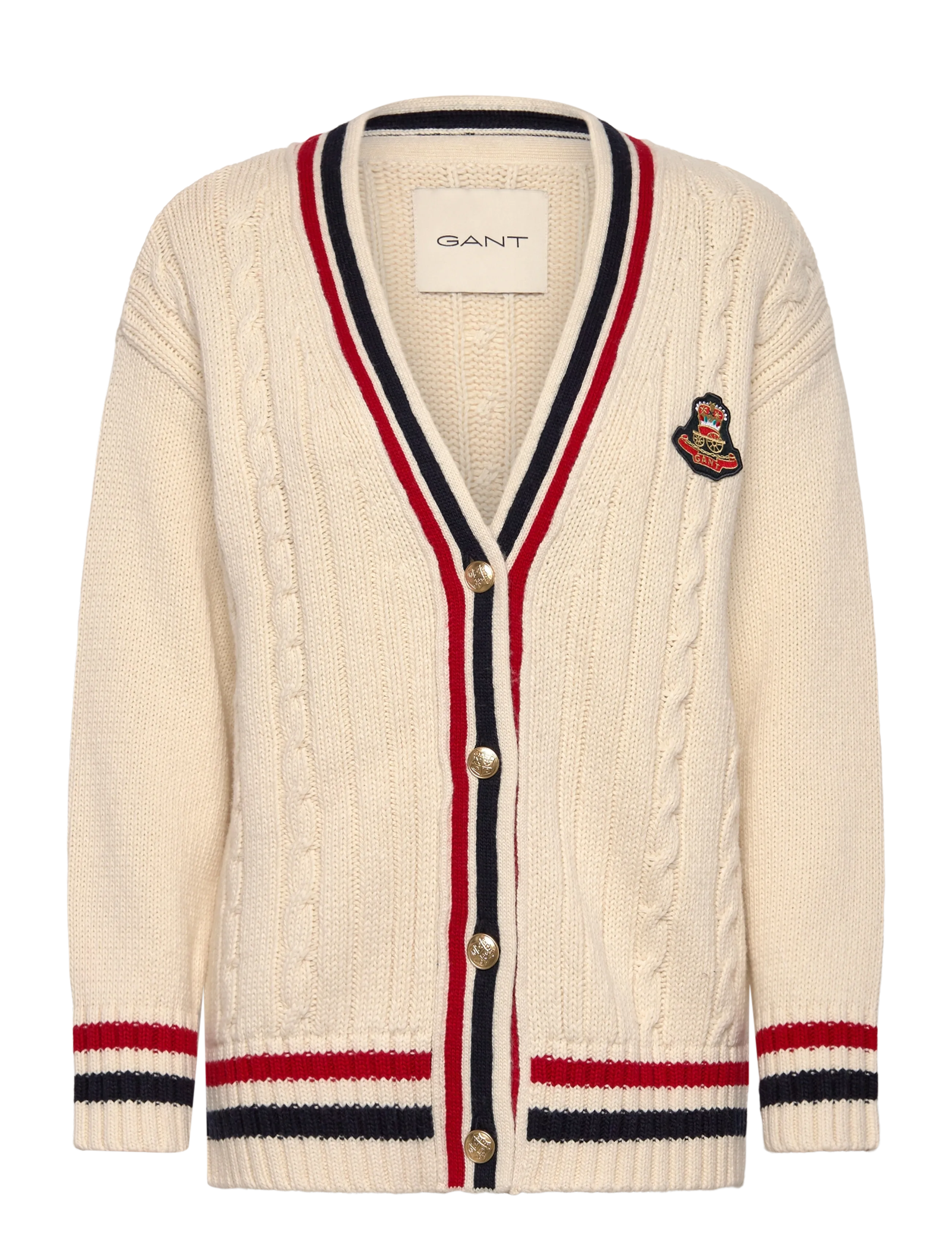 GANT VARSITY CABLE V-NECK CARDIGAN - CREAM