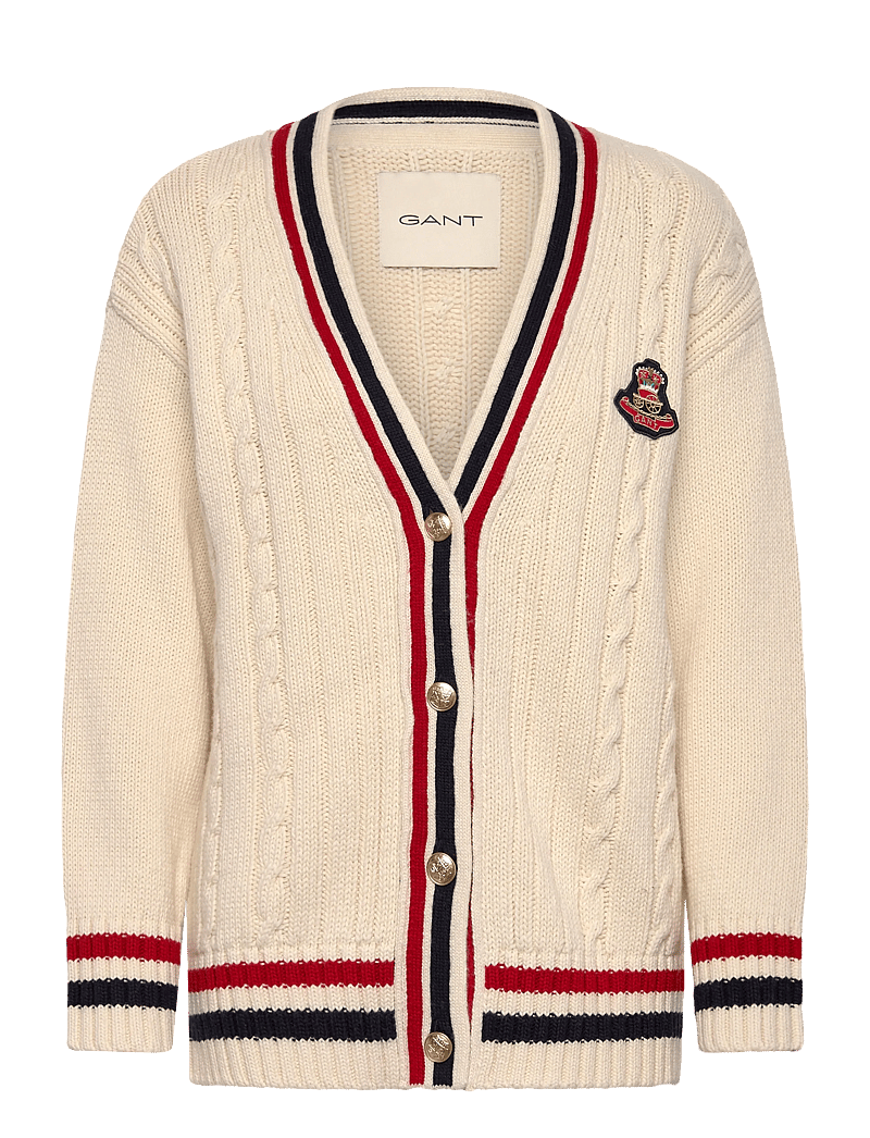 GANT - GANT VARSITY CABLE V-NECK CARDIGAN - cardigans - cream - 1