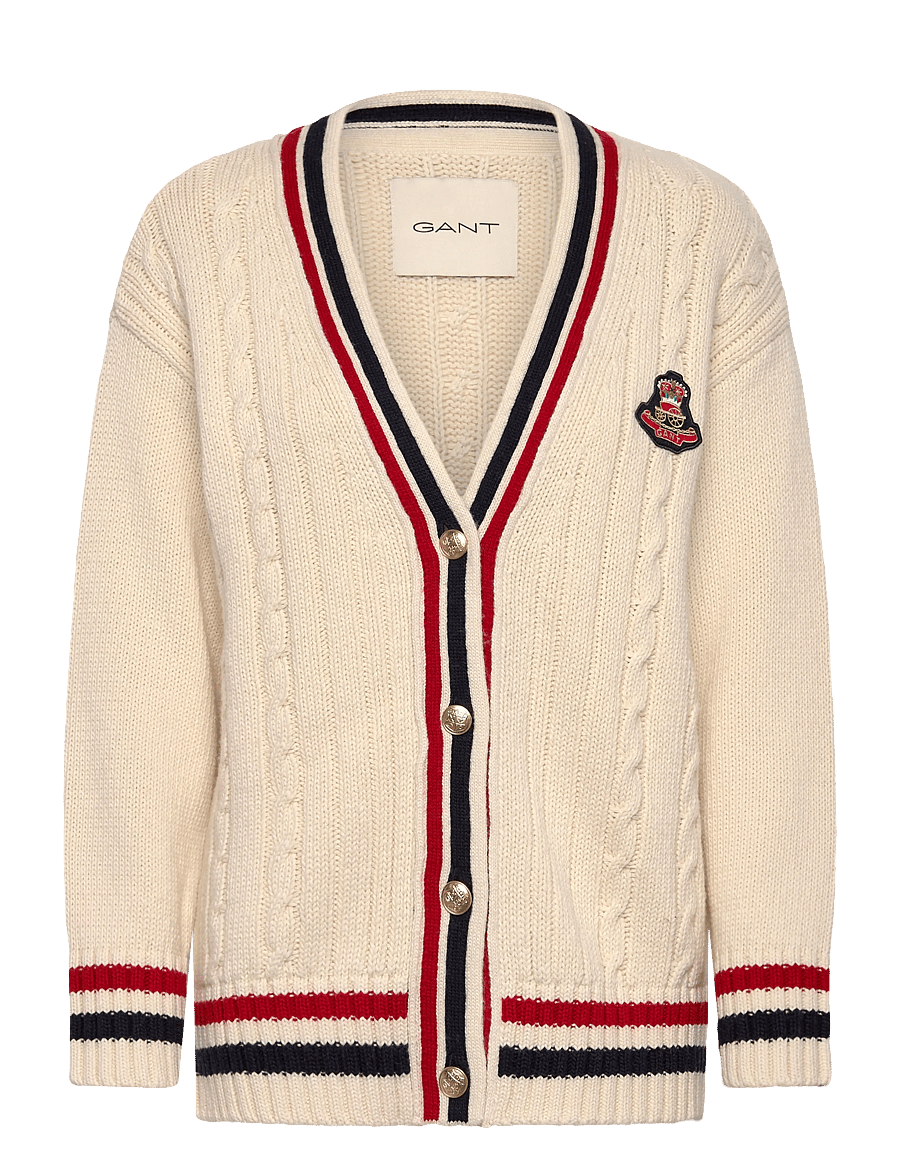 Gant - GANT VARSITY CABLE V-NECK CARDIGAN - cardigans - cream - 1