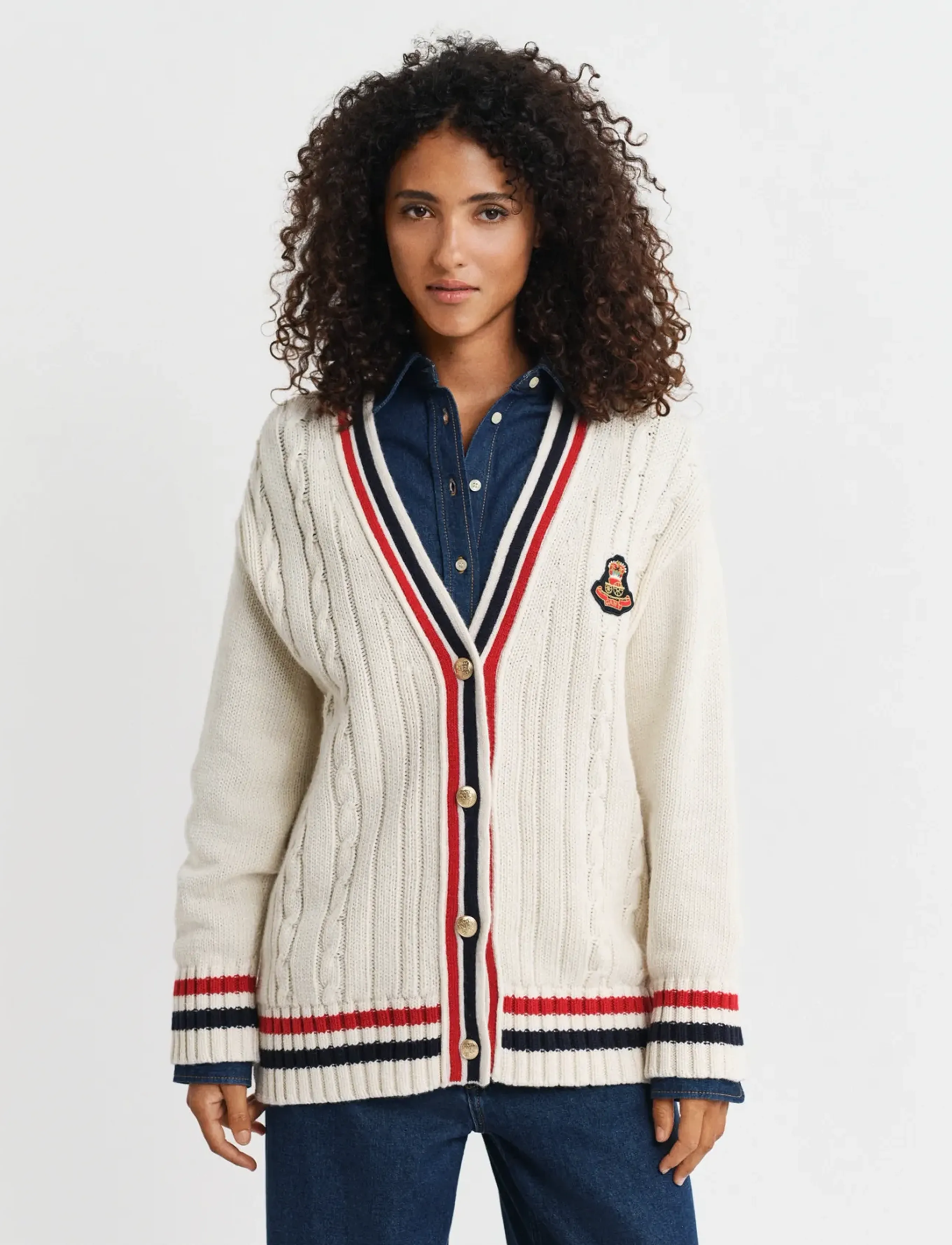 Gant Gant Varsity Cable V-Neck Cardigan, M, Cream, Strik > Cardigans, Dame