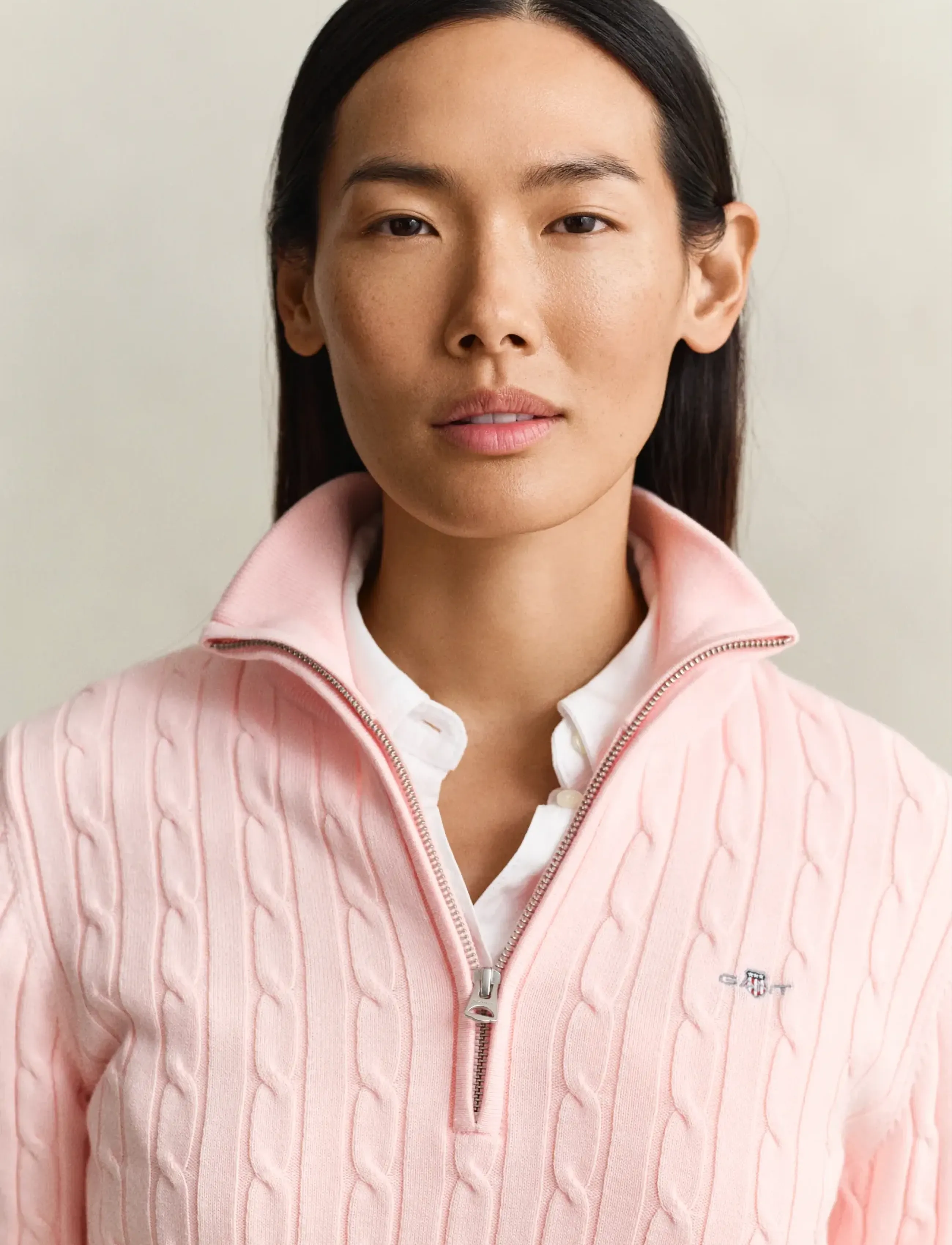 Gant - Stretch Cable Half-Zip Sweater - striktrøjer - apricot pink - 3
