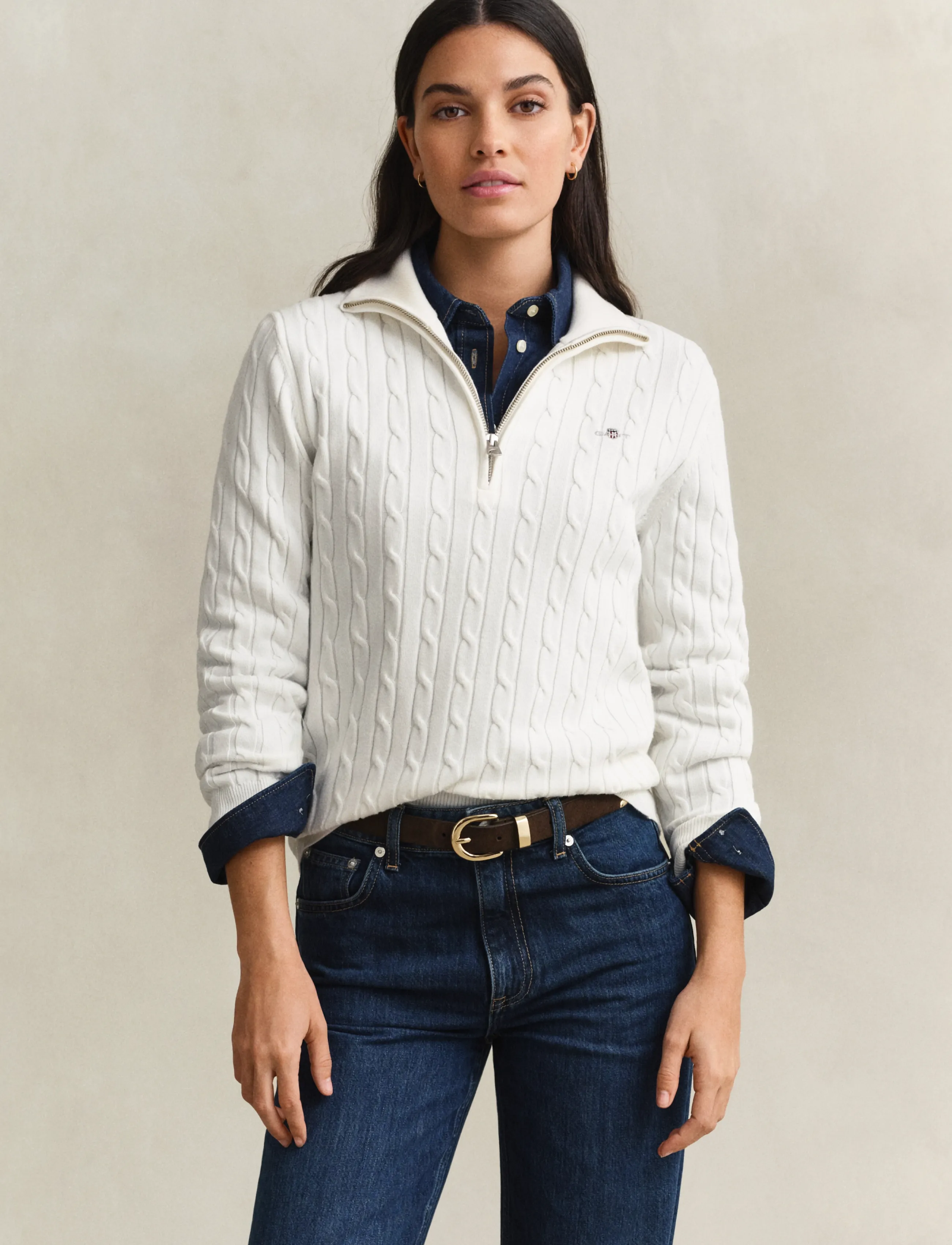 Gant Stretch Cotton Cable Half-Zip, XXL, Knitwear, Weiß - Jumpers, Frauen