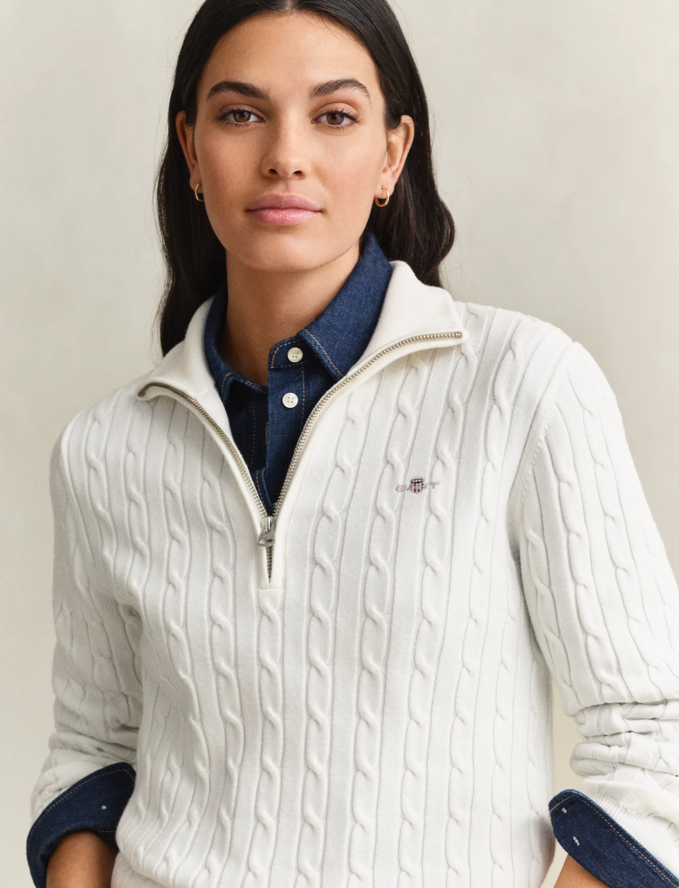 Gant - Stretch Cable Half-Zip Sweater - trøjer - eggshell - 3