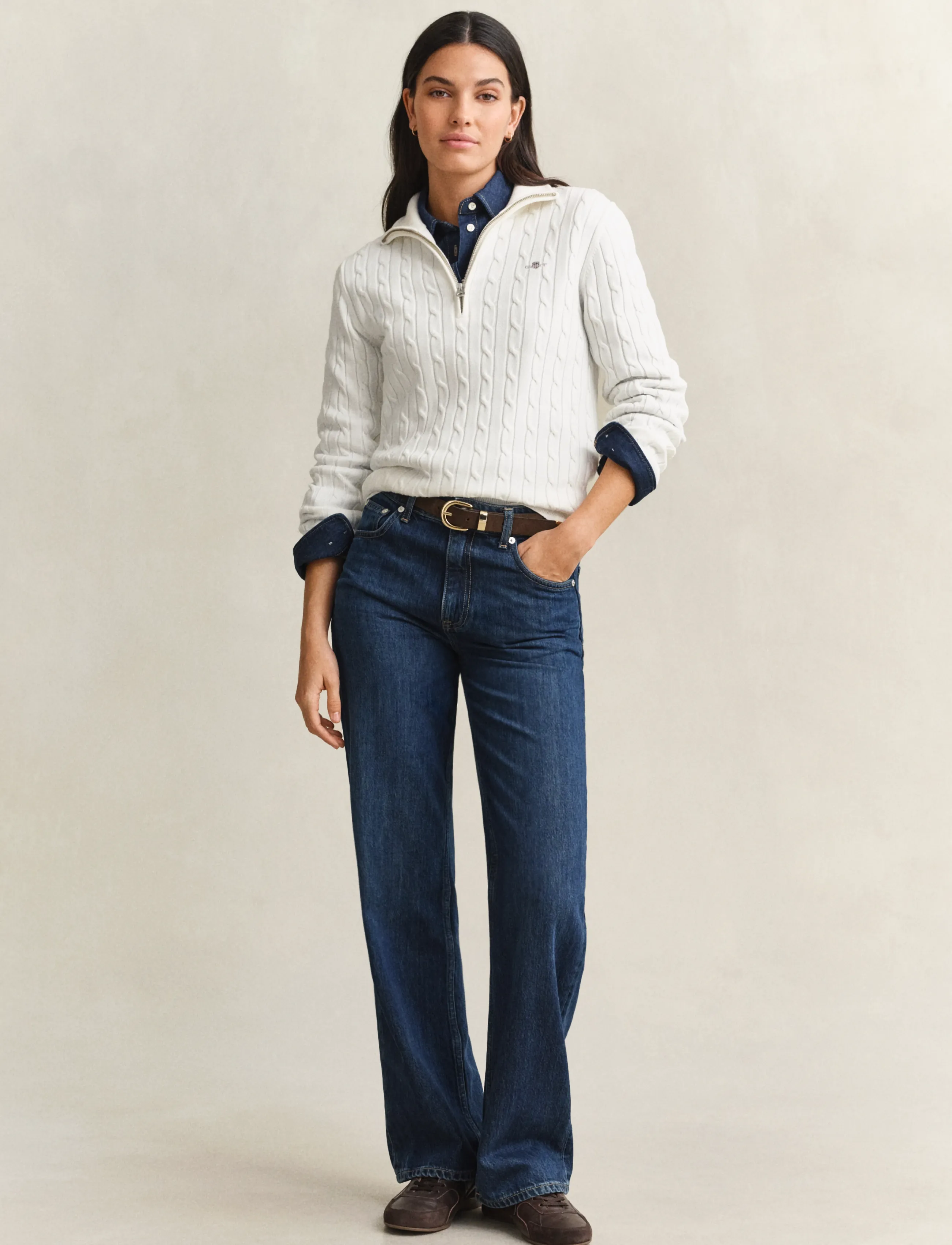 Gant - Stretch Cable Half-Zip Sweater - trøjer - eggshell - 4